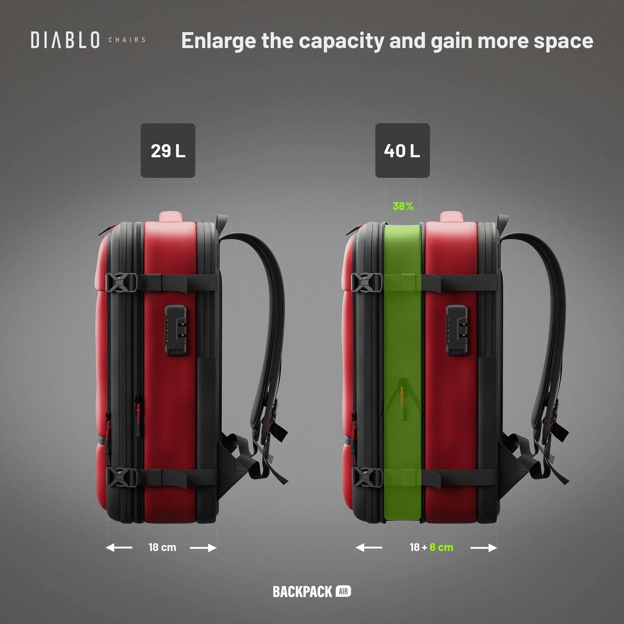Diablo Chairs Plecak Próżniowy Backpack Air Wodoodporny Plecak Podróżny z Komorą Próżniową Rozszerzającą Pojemność Antywłamaniowy Zamek Kieszeń na Laptopa 32x52x18 cm Czerwony