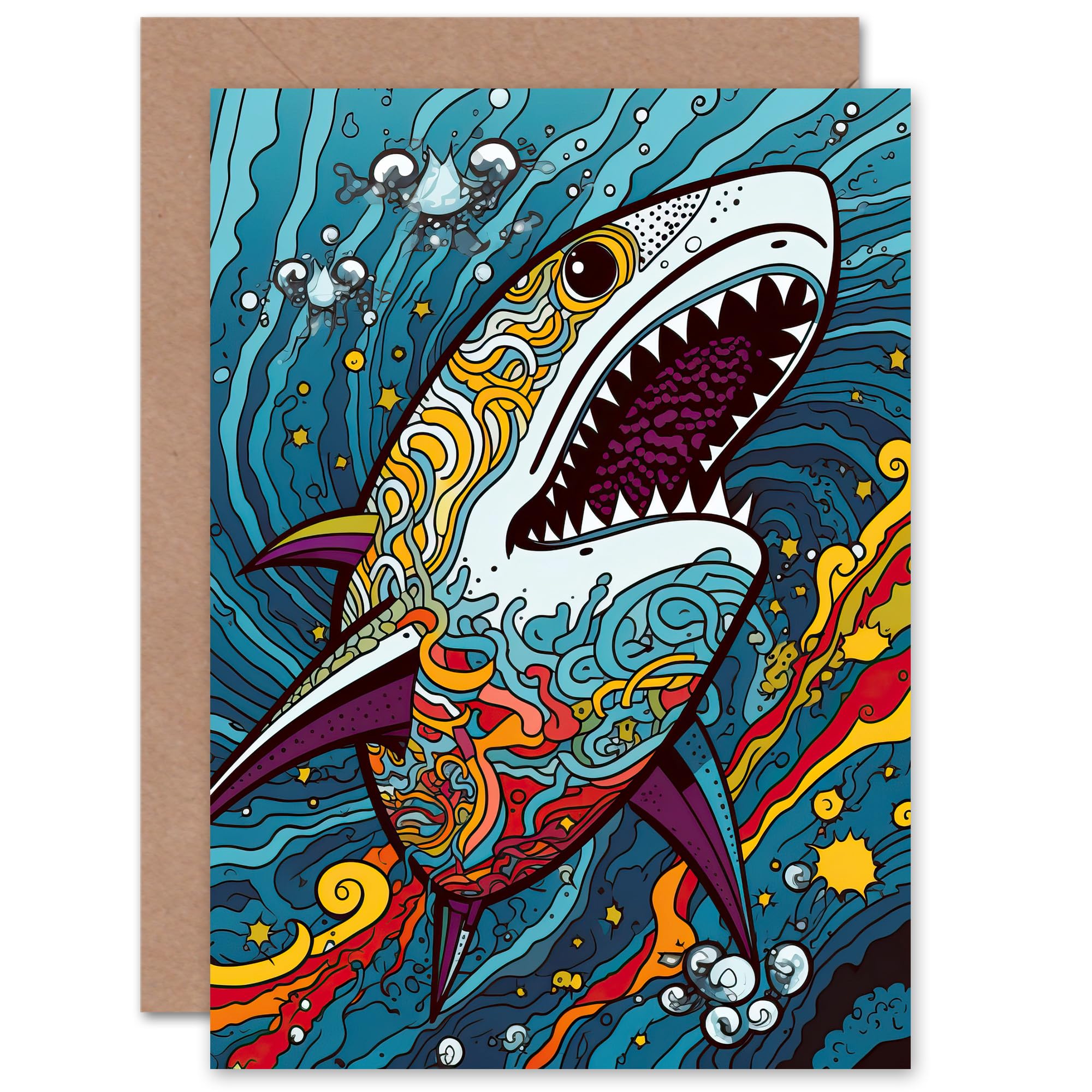 Artery8 Fun Shark Colourful Psychedelic Pattern Pop Art for Child Children Kids Birthday Congratulations Son Brother Blank Art Greeting Card