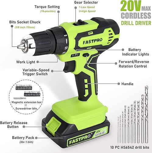 Miniatura 2 de FASTPRO Juego de herramientas para el hogar de 220 piezas y juego de taladro inalámbrico de 20 V máx