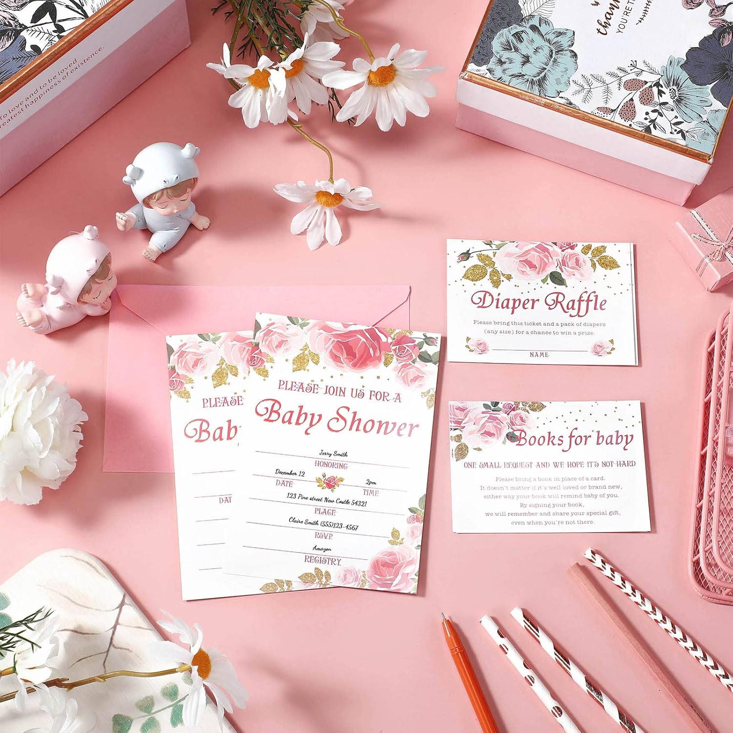 Marspark Set of 25 Pink Floral Baby Shower Invitations, Diaper Raffle Tickets and Baby Shower Invitation Cards with Envelope, Party Supplies for Sweet Girl