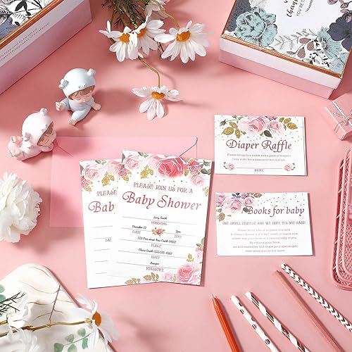 Miniatura 4 de Marspark Juego de 25 invitaciones florales para baby shower, boletos de rifa de pañales y tarjetas de solicitud de libro con sobre, suministros de