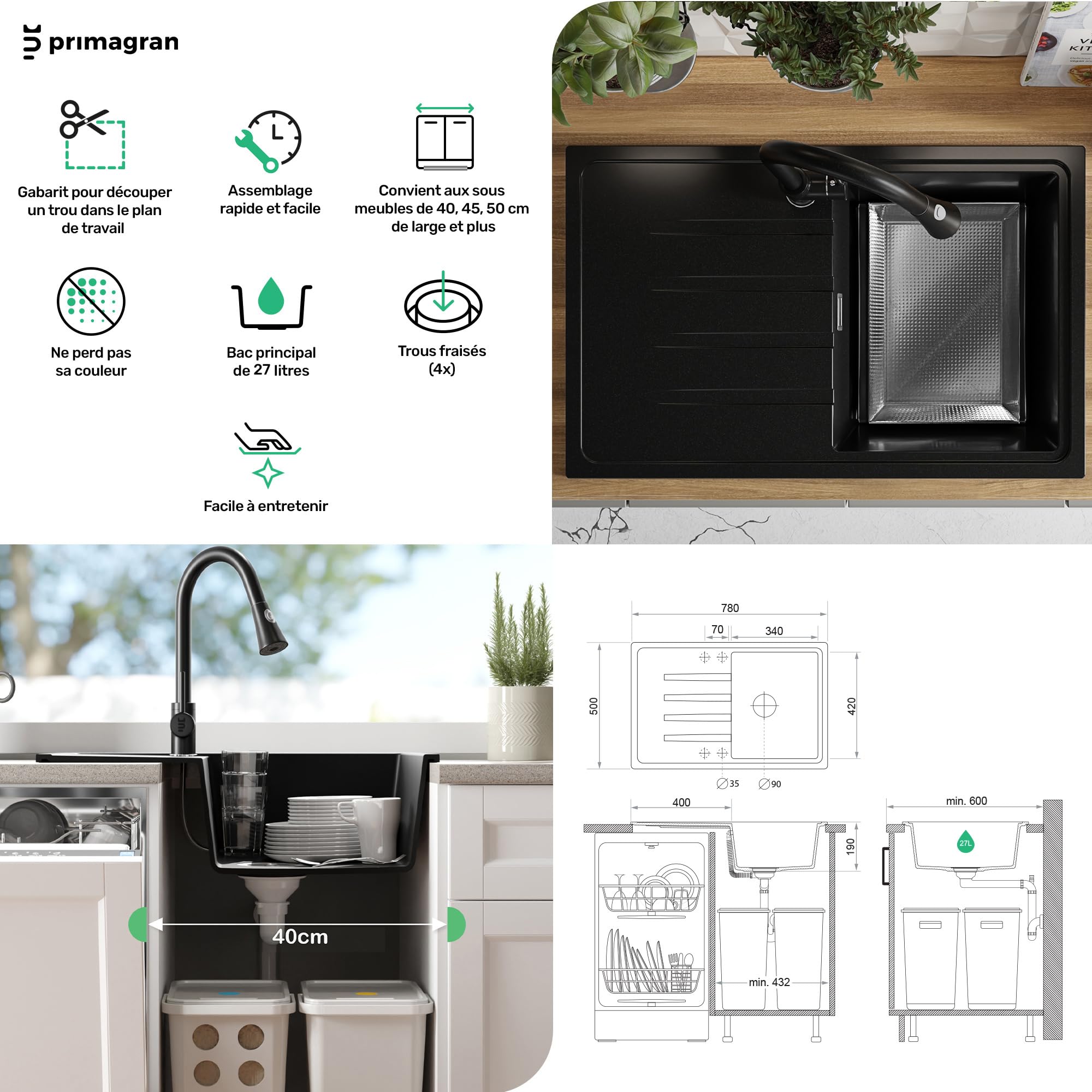 PRIMAGRAN Evier Cuisine en Granit Blanc - Milan, 78x50cm | Lavabo 1 Bac + Robinet 32x20cm + Zuberhor-Set, Évier à Encastrer au Meuble 45cm (S073)