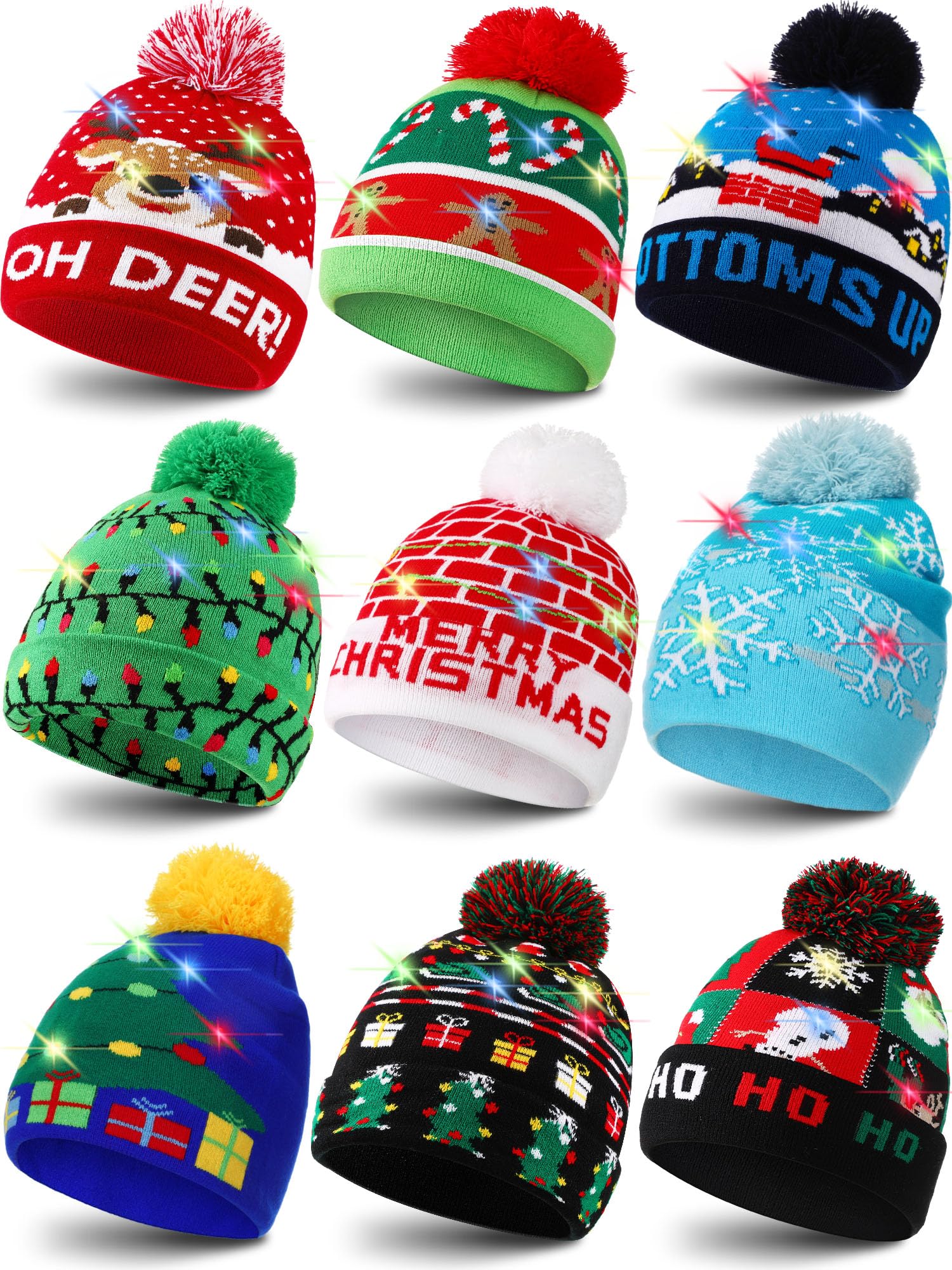 Xtinmee 9 gorros de Navidad con luz LED, gorro de punto de Navidad, sombrero de invierno para fiesta de Navidad, adultos y niños