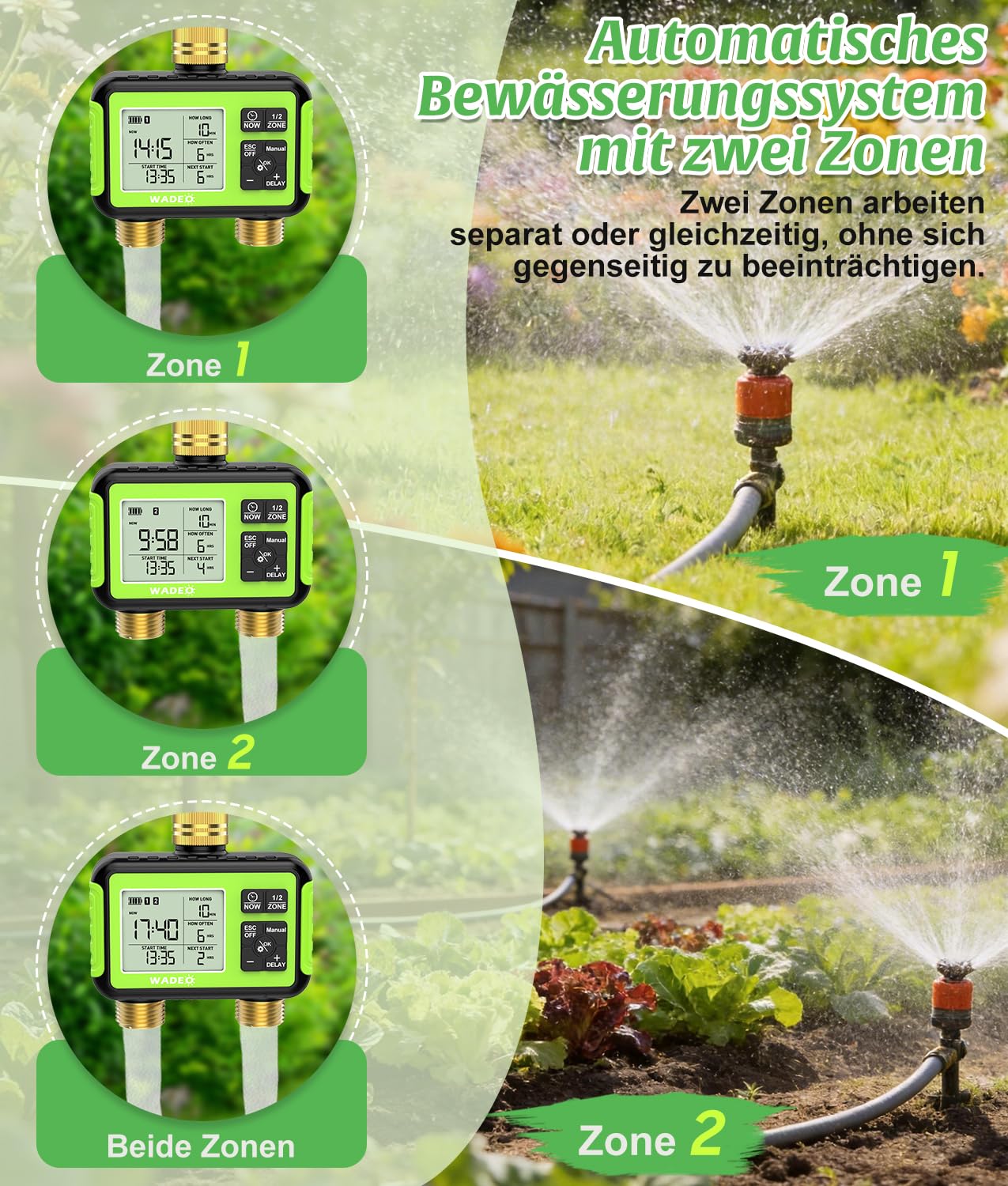 WADEO Bewässerungscomputer 2 Ausgänge, Messing-Einlass und -Auslass, LCD-Display, Automatische Bewässerung Wasser Zeitschaltuhr mit Auto/Manuell/Regenverzögerung Modus, für Garten Rasen