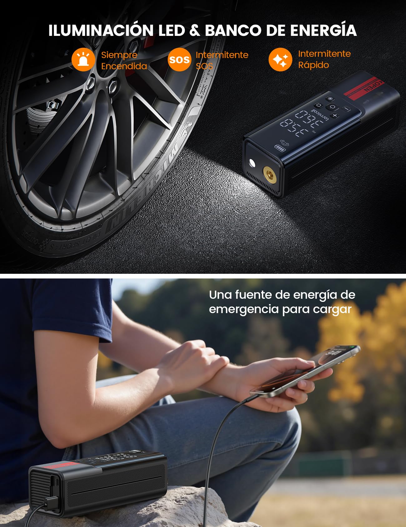 Lamicall Compresor Aire Portatil, Inflador Rueda Coche - [150 PSI Inflación Rápida] con Pantalla LCD Digital y Luz LED, Banco de Energía, Hinchador con 3 Boquilla para Coche/Bici/Moto/Pelota