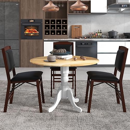 Miniatura 15 de COSTWAY Mesa de comedor redonda para 4, mesa de cocina de 39 pulgadas con marco de madera de goma maciza, almohadillas ajustables para los pies,