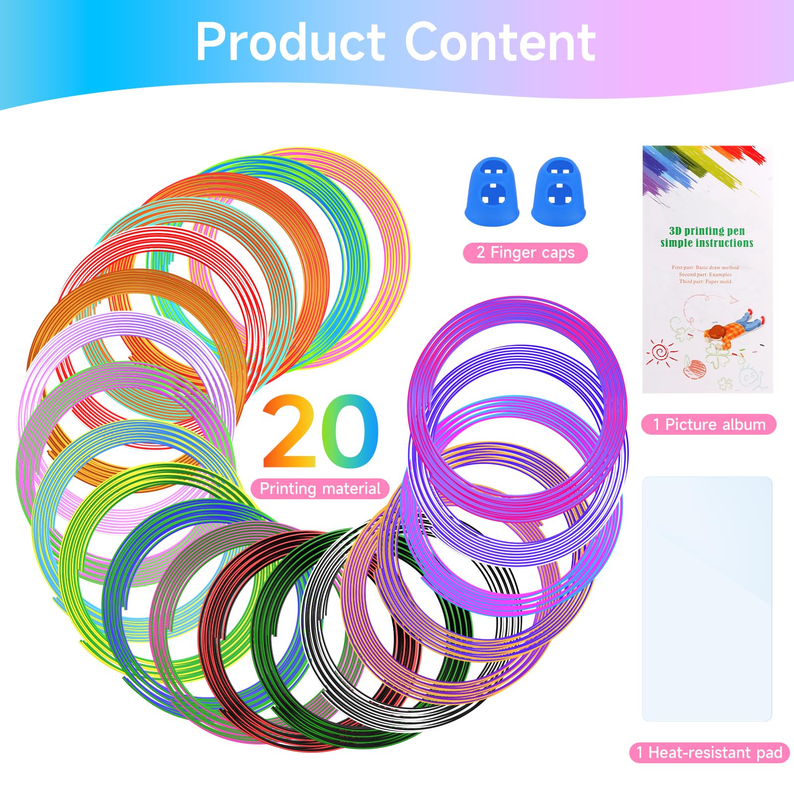 Filament 3D PLA, 20 szt. dwukolorowy filament 3D Pen 1,75 mm, po 5 m z szablonami 3D dla dzieci i dorosłych, akcesoria do długopisów 3D, filament do drukarek 3D do ODRVM, Tecboss, Lovebay