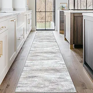 KOZYFLY Modern Abstract Kitchen Runner Rug, 2x10 Washable Rug Runner Non-Slip Soft Striped Hallway Runner Rugs, Beige Print Distressed Carpet Runner for Entryway Bathroom Laundry Room Foyer