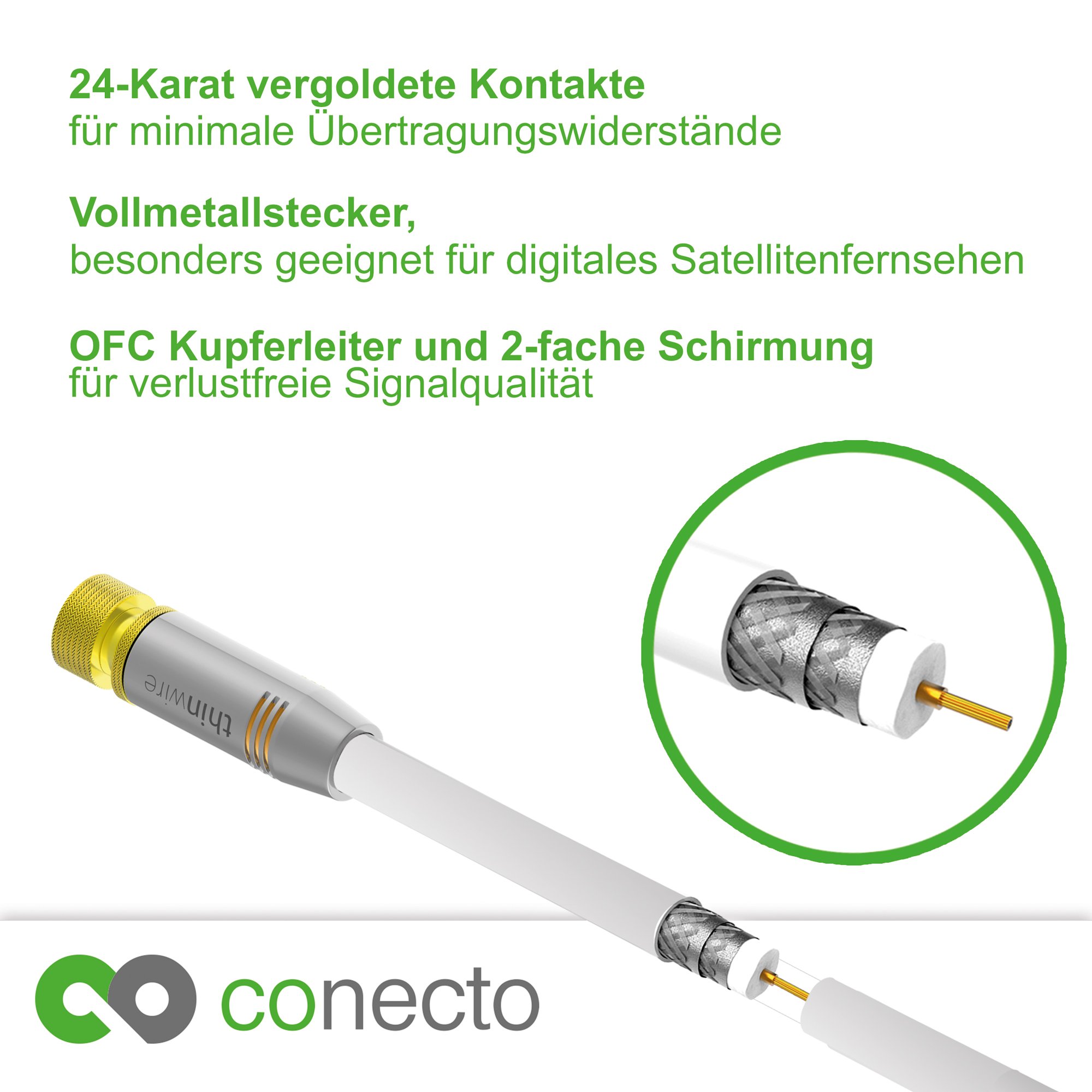 conecto thinwire Premium HDTV SAT kabel przyłączeniowy (kabel koncentryczny, wtyczka F - wtyczka F), metalowy, pozłacany, biały, 3,00 m