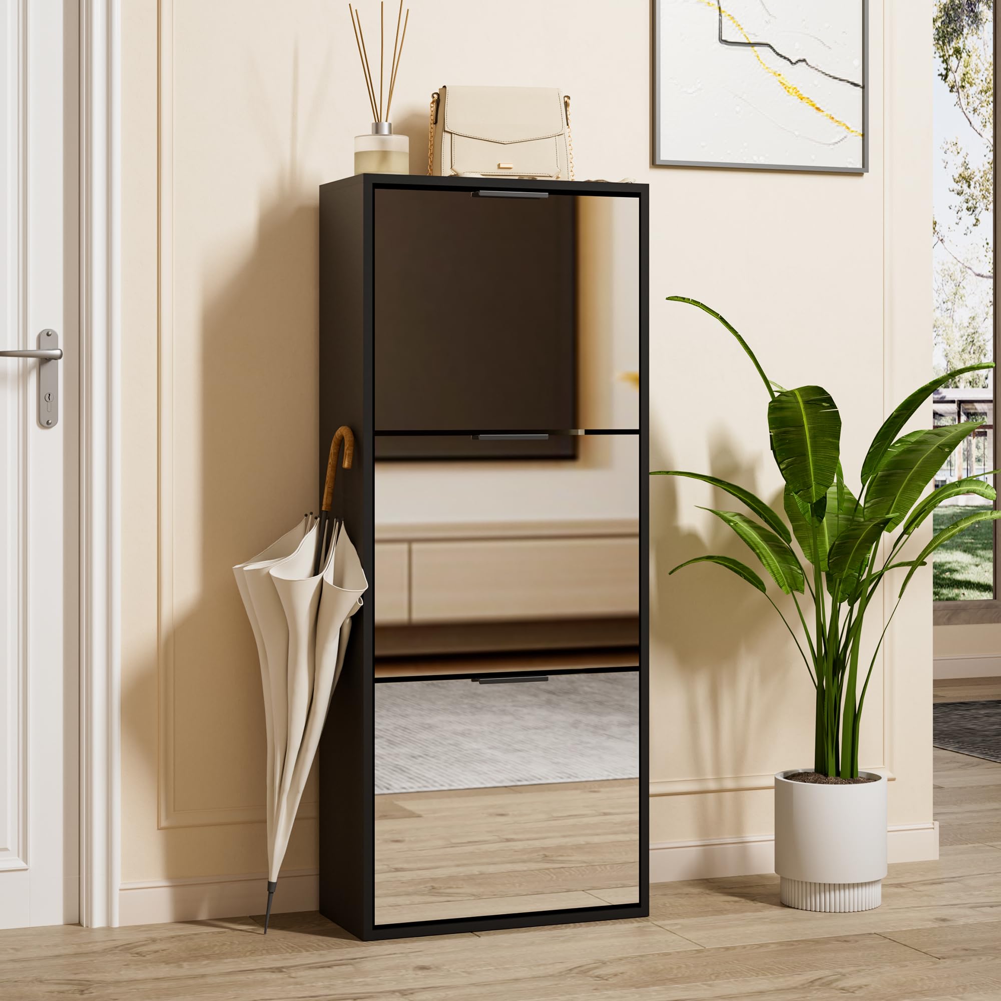 UEV Zapatero 3 Puertas de Espejo, Zapatero Funcional con Espejo, para Entrada, 50 x 23 x 121,5 cm, Negro