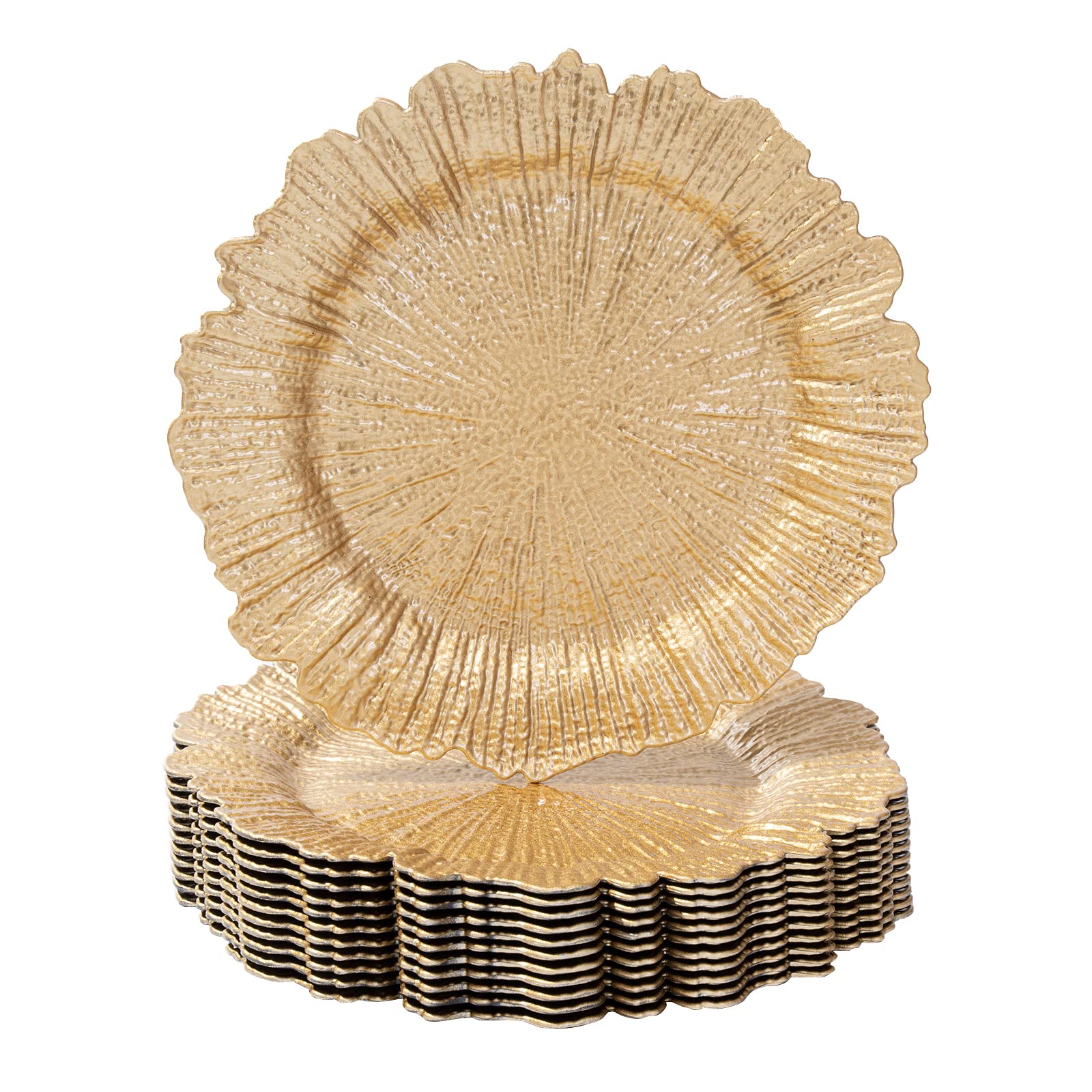 MAONAME Gold Charger Plates Set of 12, Reef Plate Chargers for Dinner Plate, Plastic Decorative Plates for Table Setting, Thanksgiving, Christmas