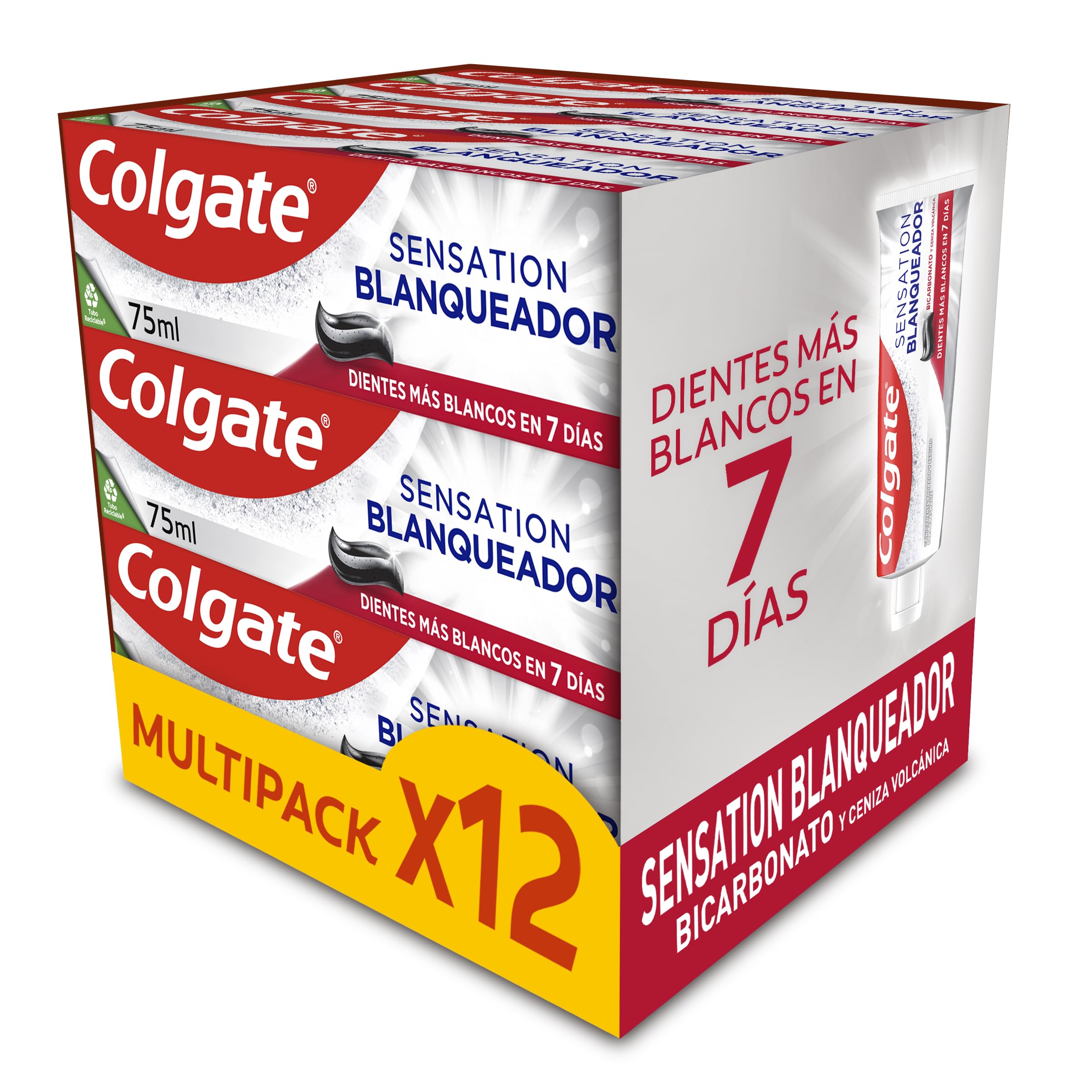 Colgate - Pasta de dientes Advanced White con Bicarbonato y Ceniza Volcánica, Pack 12 x 75 ml, Dientes más blancos en 7 días, clínicamente probada para eliminar las manchas superficiales