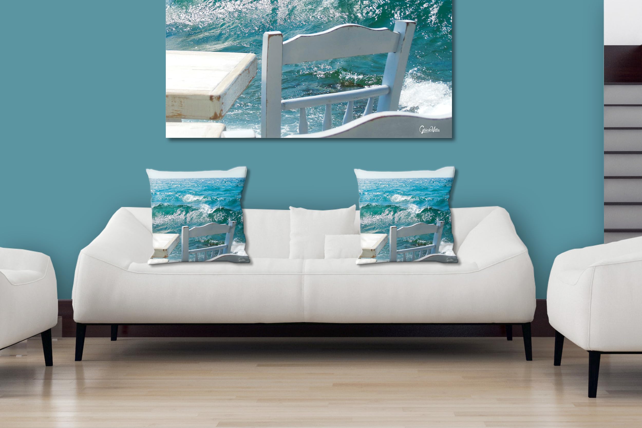 Mykonos - Foto-Kissen-Hülle Set (2 STK.) 40 x 40 cm | Kissen-Bezüge - passend zu Wandbild - Deko-Kissen - Hafen Taverne Ägäis Kykladen