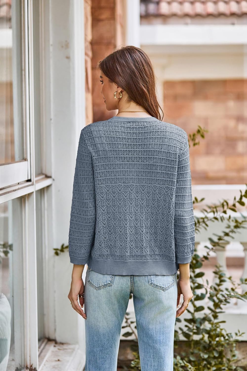 GRACE KARIN Women Lightweigt Crochet Knit Cardigan, 3/4 Sleeve Cropped Shrugs, Spring Button Down Sweaters Tops - Image 3