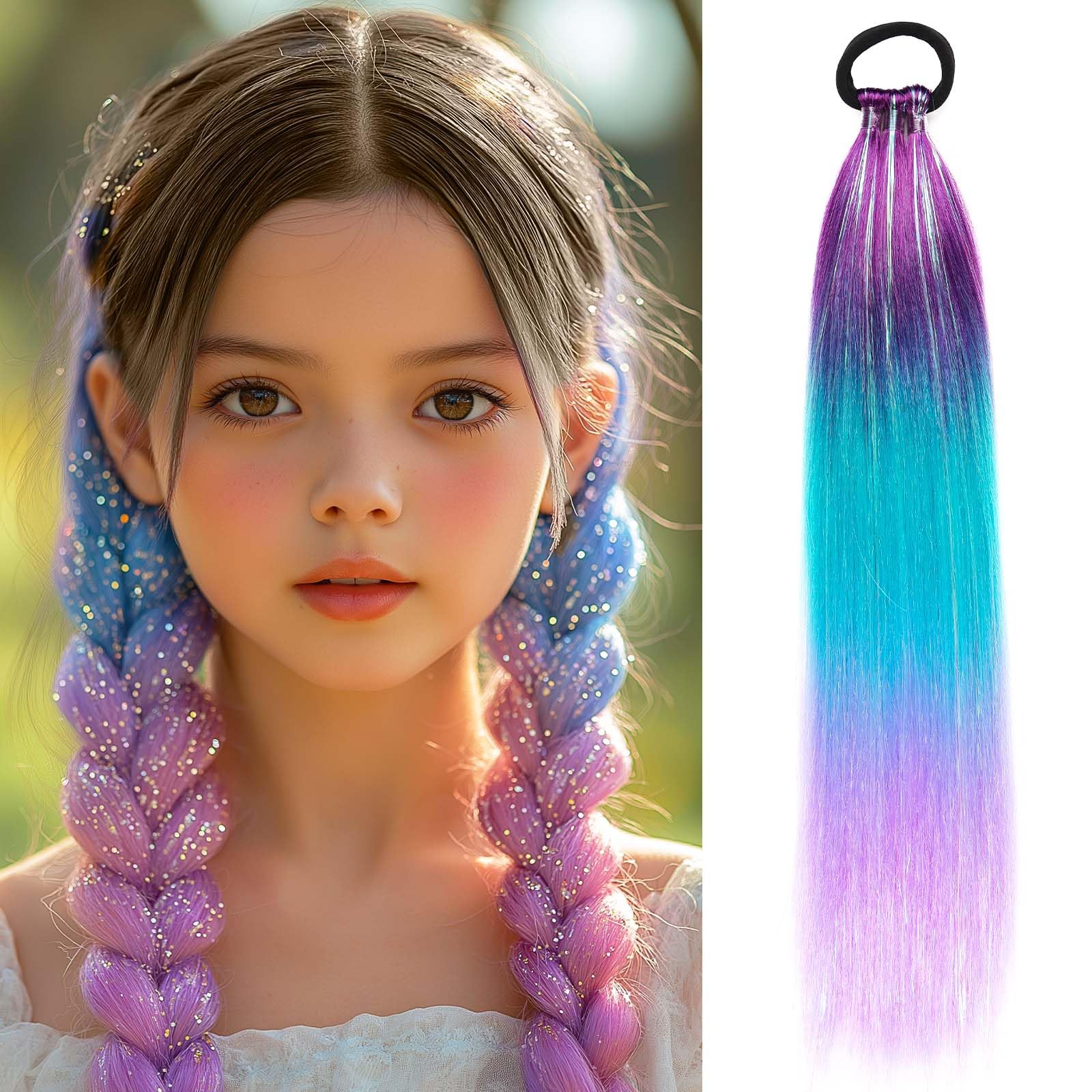 Rainbow Ponytail Extensions With Hair Tie 1 Packs 80g/Pack Coloured Hair Extensions for Braiding 18 inch Colorful Ombre Mermaid Pony Tail Synthetic Hair Extensions for Girl Women XX38