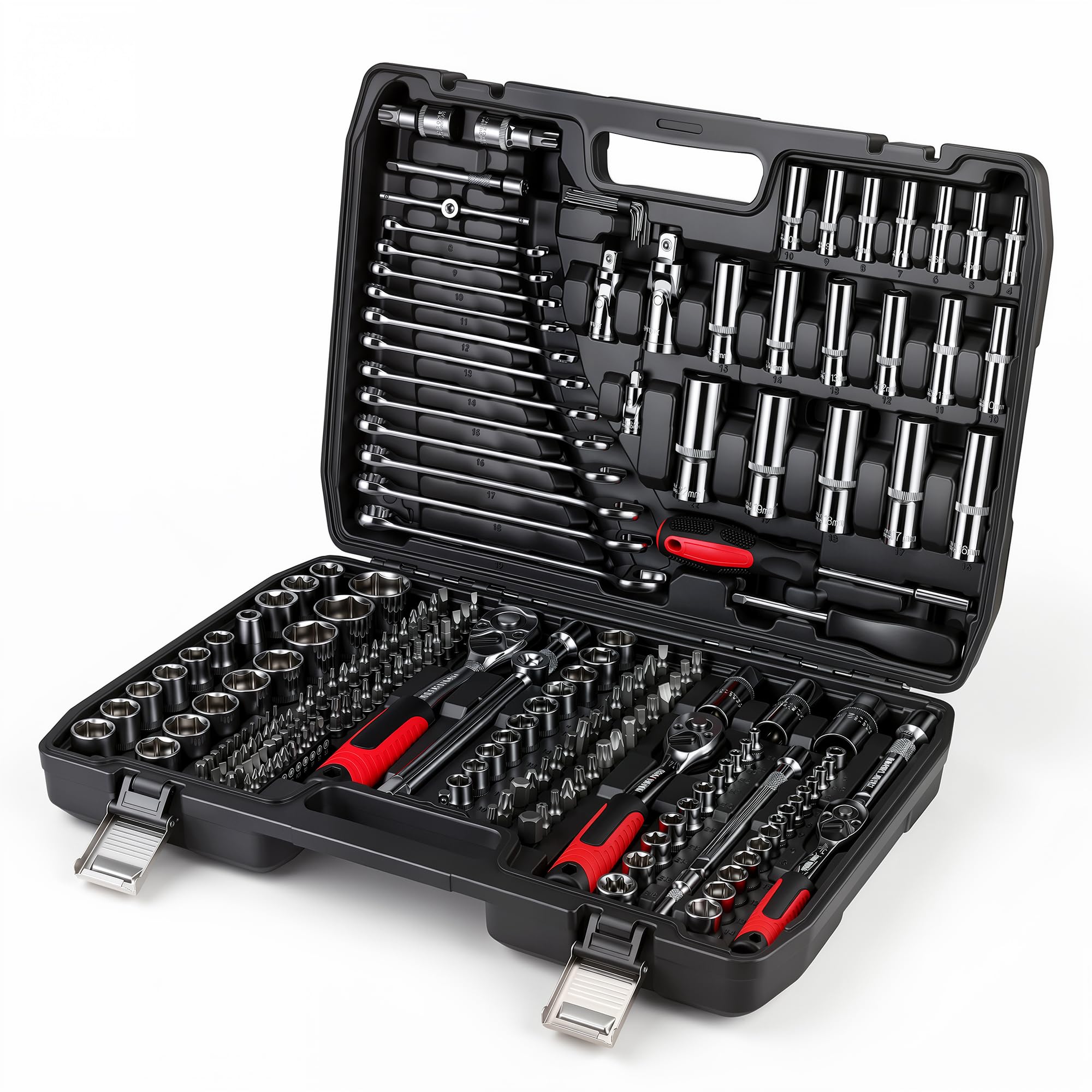 216-Piece Mechanics Tool Set, 1/4" 3/8" 1/2" Drive Socket Wrench Kit, Ratchet Handles, Co…