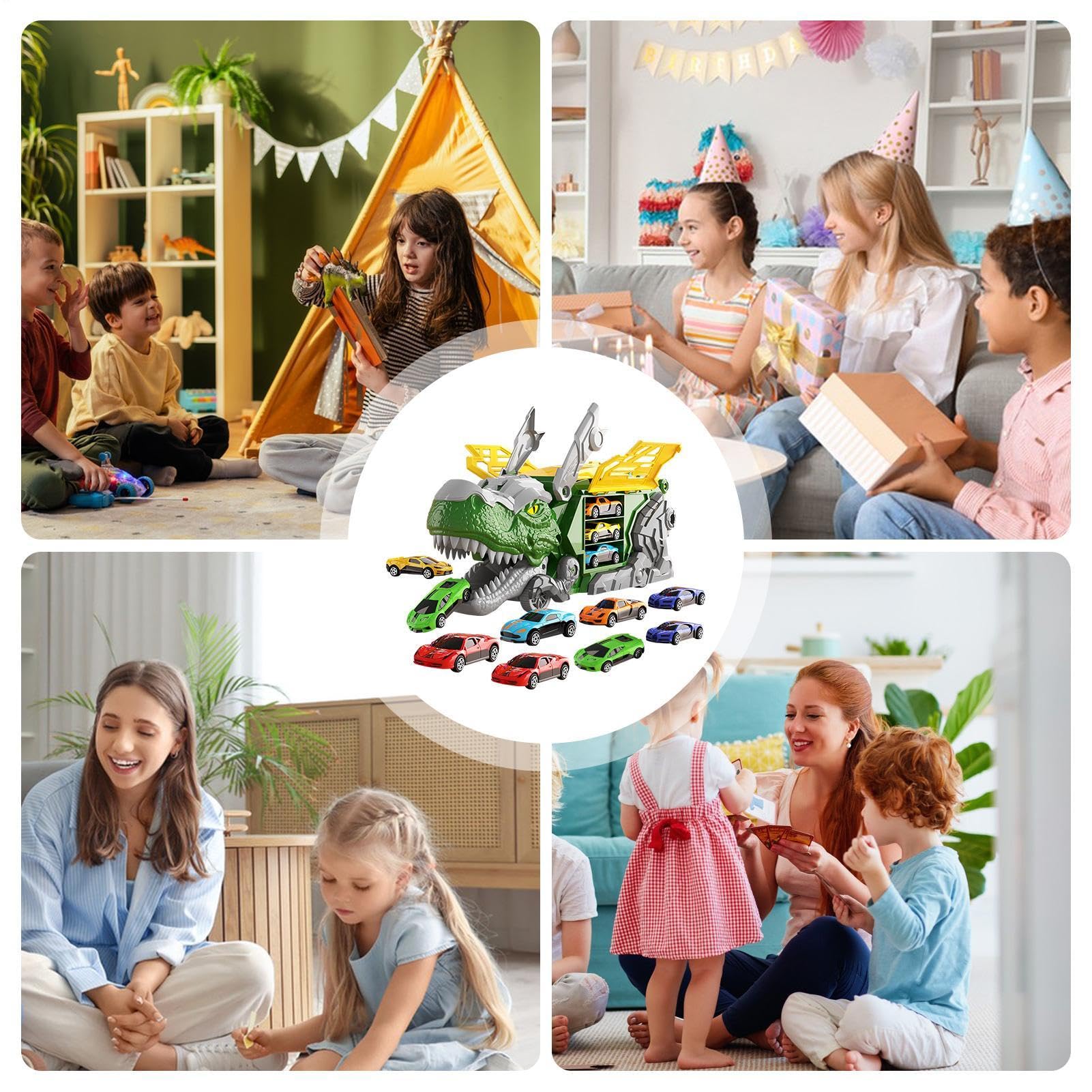 Camion Dei Dinosauri Per Bambini Pista Doppia con 12 Mini Macchinine e
