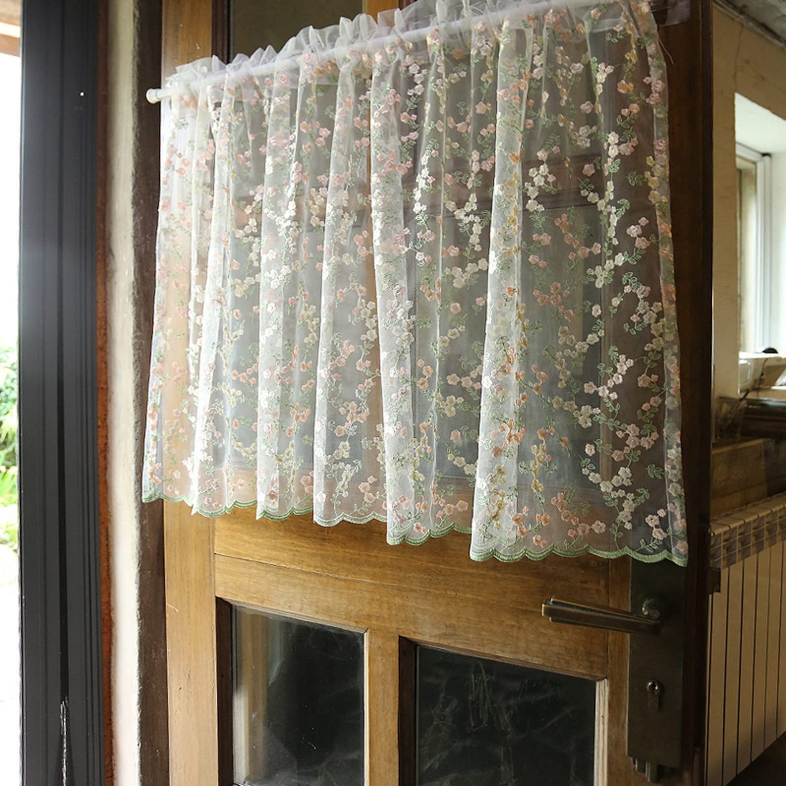 A.Monamour Gardine Scheibengardinen Kurzstores Transparenter Voile Vorhang Blumen Stickerei Texturiert Kurzgardinen Küchengardine Küchenvorhang Küche Vorhang Fenster Kurz Stores Bistrogardine