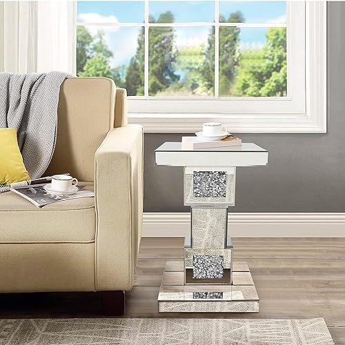 Miniatura 3 de GA Home Mesa auxiliar plateada con incrustaciones de cristal, mesa auxiliar moderna con espejo, mesa auxiliar cuadrada pequeña con espejo para sala