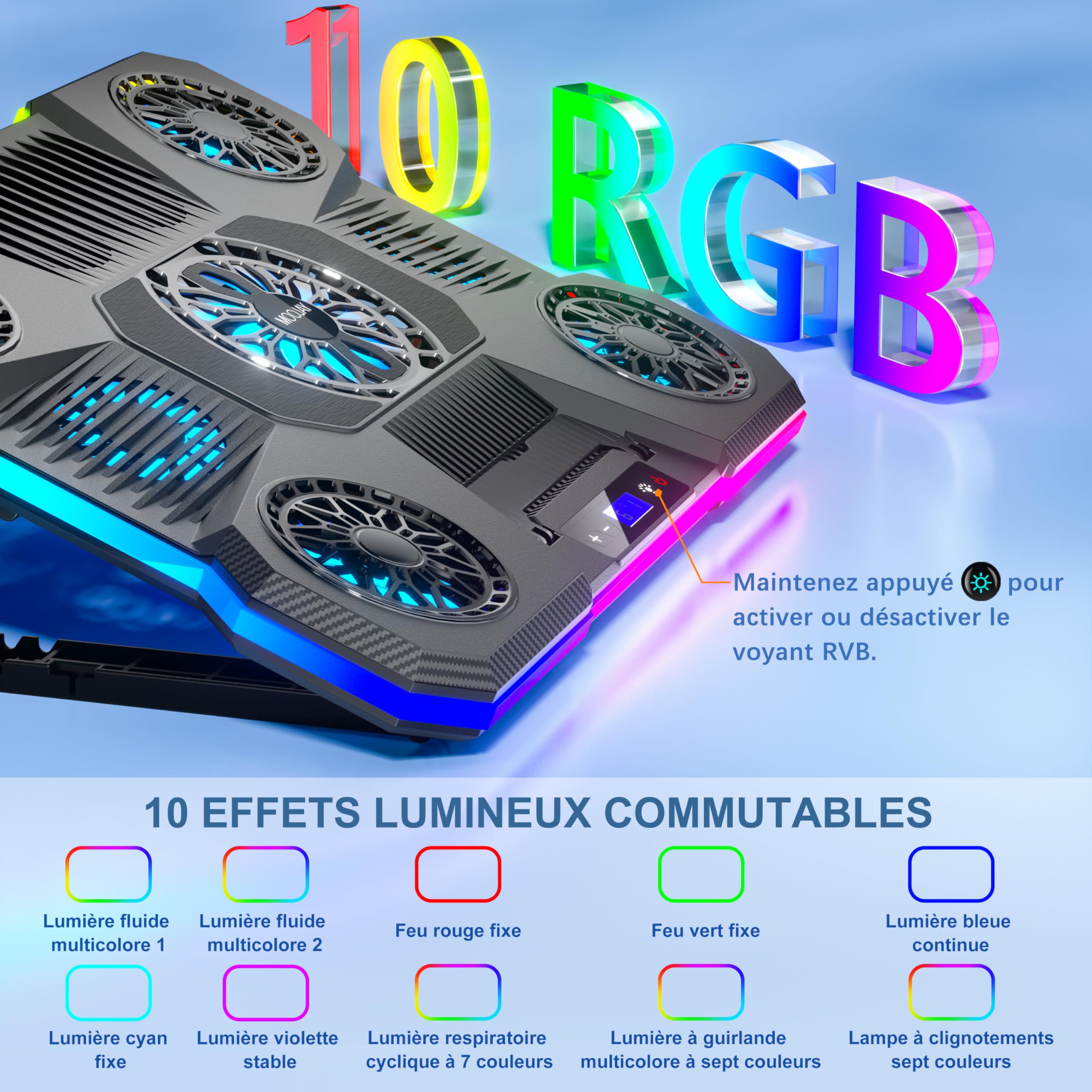 Support Refroidisseur pour Ordinateur Portable 6 Vitesses Réglables | avec 9 Ventilateurs Silencieux Compatible 14-19 Pouces, 10 Modes D'éclairage RVB, 2 Ports USB Et Support pour Téléphone