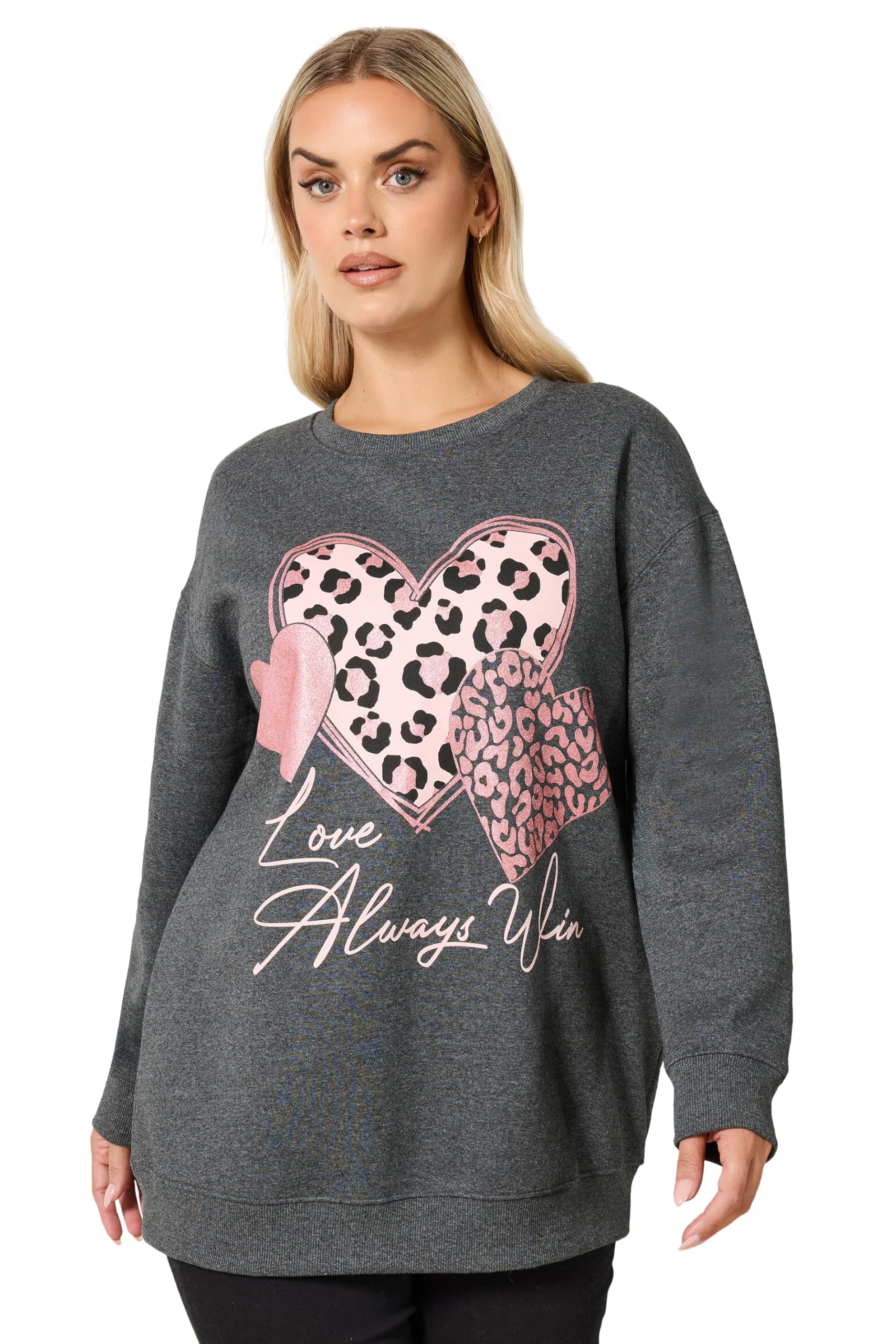 Yours Women's Grey Curve 'Love Always' Glitter Heart Sweatshirt - Plus Size Curve