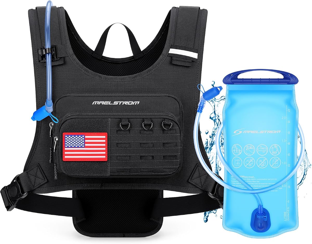 Maelstrom Hydration Running Vest with 2L Water Bladder for Men Women | Chest Pack, BPA-free, High Flow Bite, Reflective Stripe, Detachable, Breathable Pad, Perfect for Cycling, Marathon, Hiking