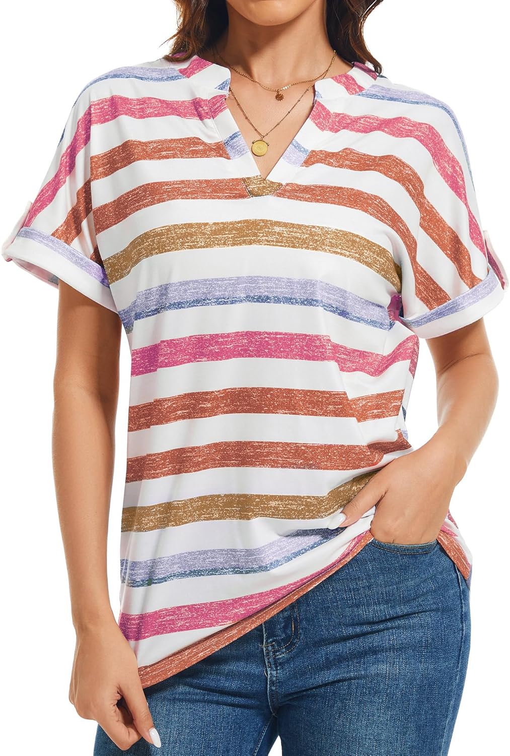 Boho Tops For Womens Short Sleeve Summer Tunic Tops V Neck Casual Loose Fit Shirts 2025 Trendy Blouses Basic Tee Valentine's Day Gifts Purple Striped M - Image 2