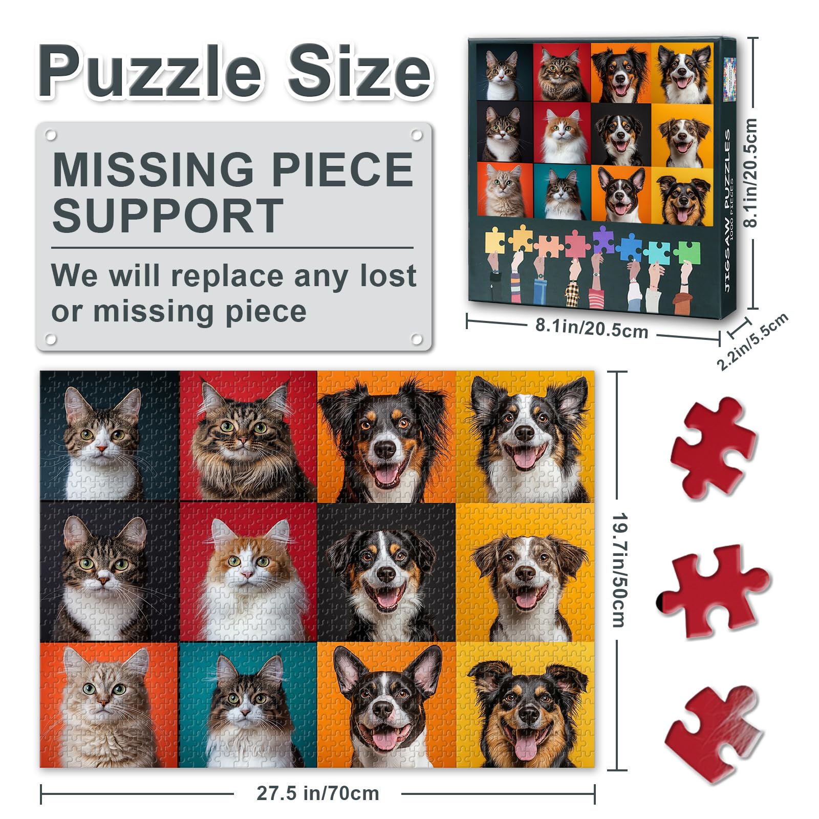 Animals Jigsaw Puzzles Profile Pictures of Dogs and Cats Puzzle Serious Cat and Happy Dog Adults 1000 Pieces Cute Pets Puzzle Different Breeds of Puppies and Cats Picture 50 x 70 cm - Image 3