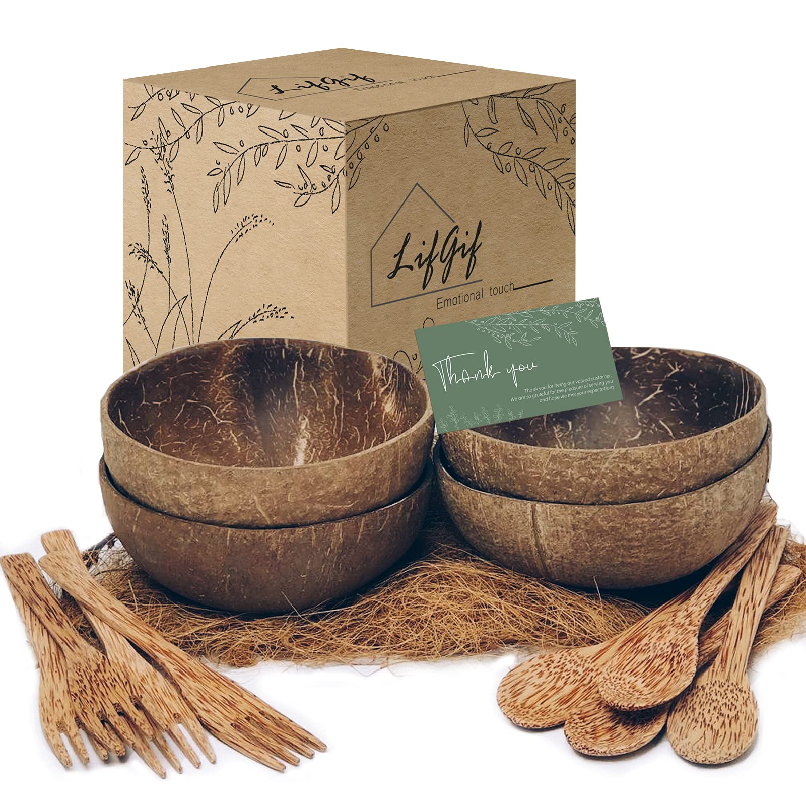 Coconut Bowls with Wooden Spoons and Forks - Set of 4 - For Breakfast Salad, Smoothie Bowls, Buddha Bowls & Wood Acai Bowls Set - Wooden Salad Bowls - Vegan Coconut Shell Bowls (Natural)