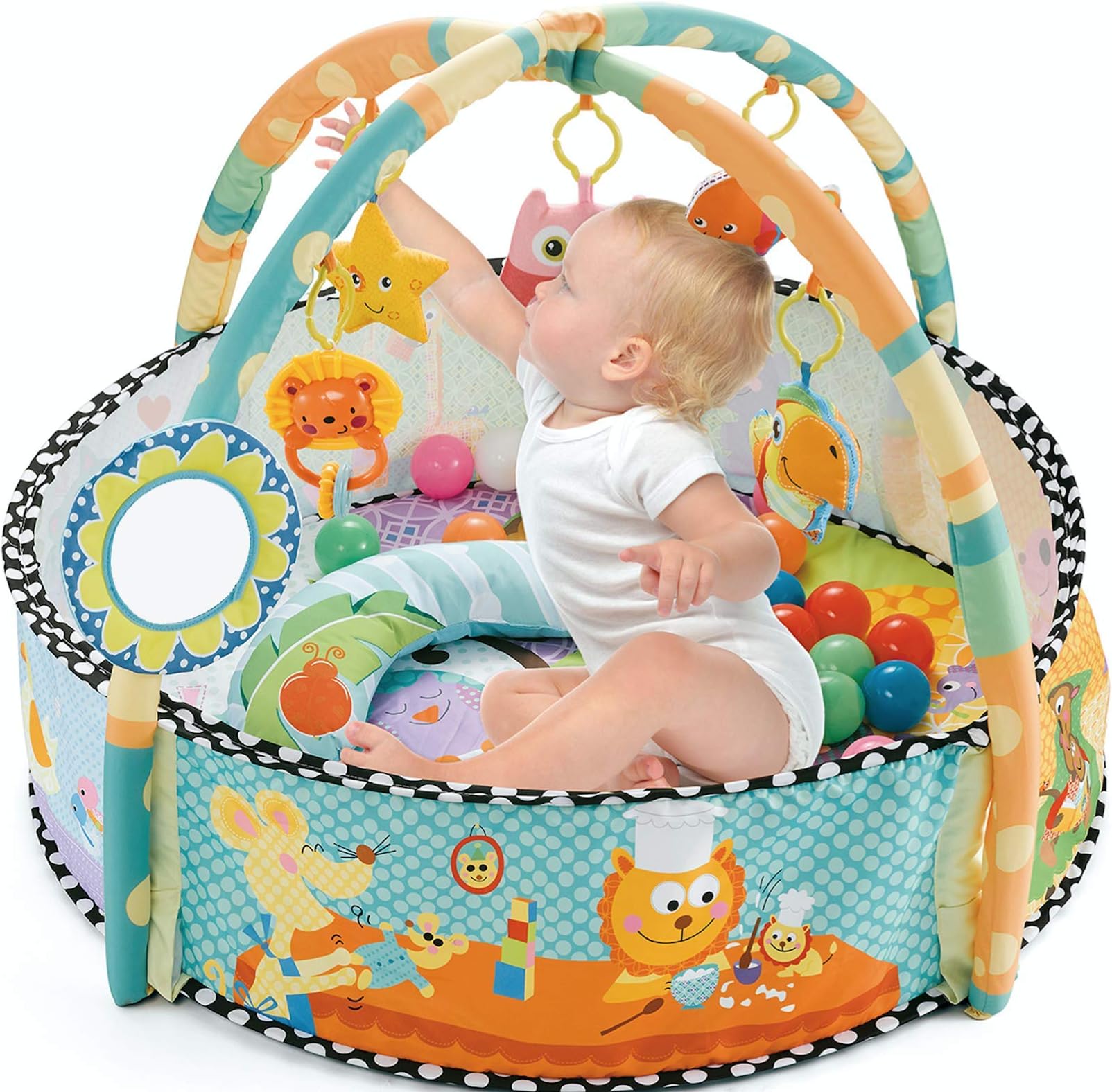 CH96261A NewBorn Pool Play mat, 4 in 1 Activity Gym, Ball Pit with 30 Play Balls, Soft Toy, Fun Animals, Tummy Time Pillow, Textures,Rattle,Teethers, Discovery Carpet for Infants-Unisex