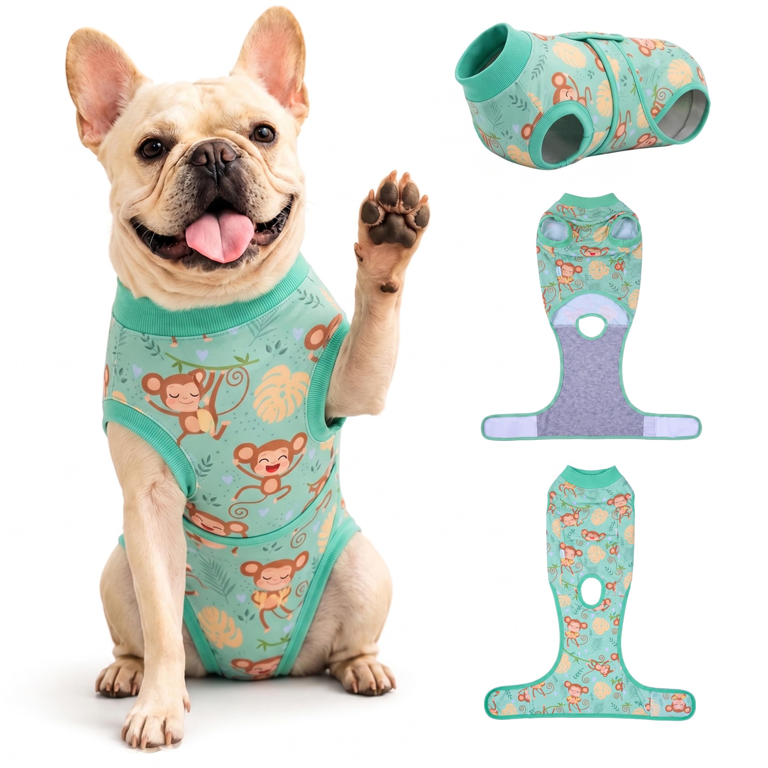 PetWarm Dog Surgical Recovery Suit Male, Recovery Suit for Dogs After Surgery, Collars and Cones Alternative Dog Abdominal Wounds Bandages, Onesies for Dogs, Monkey Pattern, Green, XS