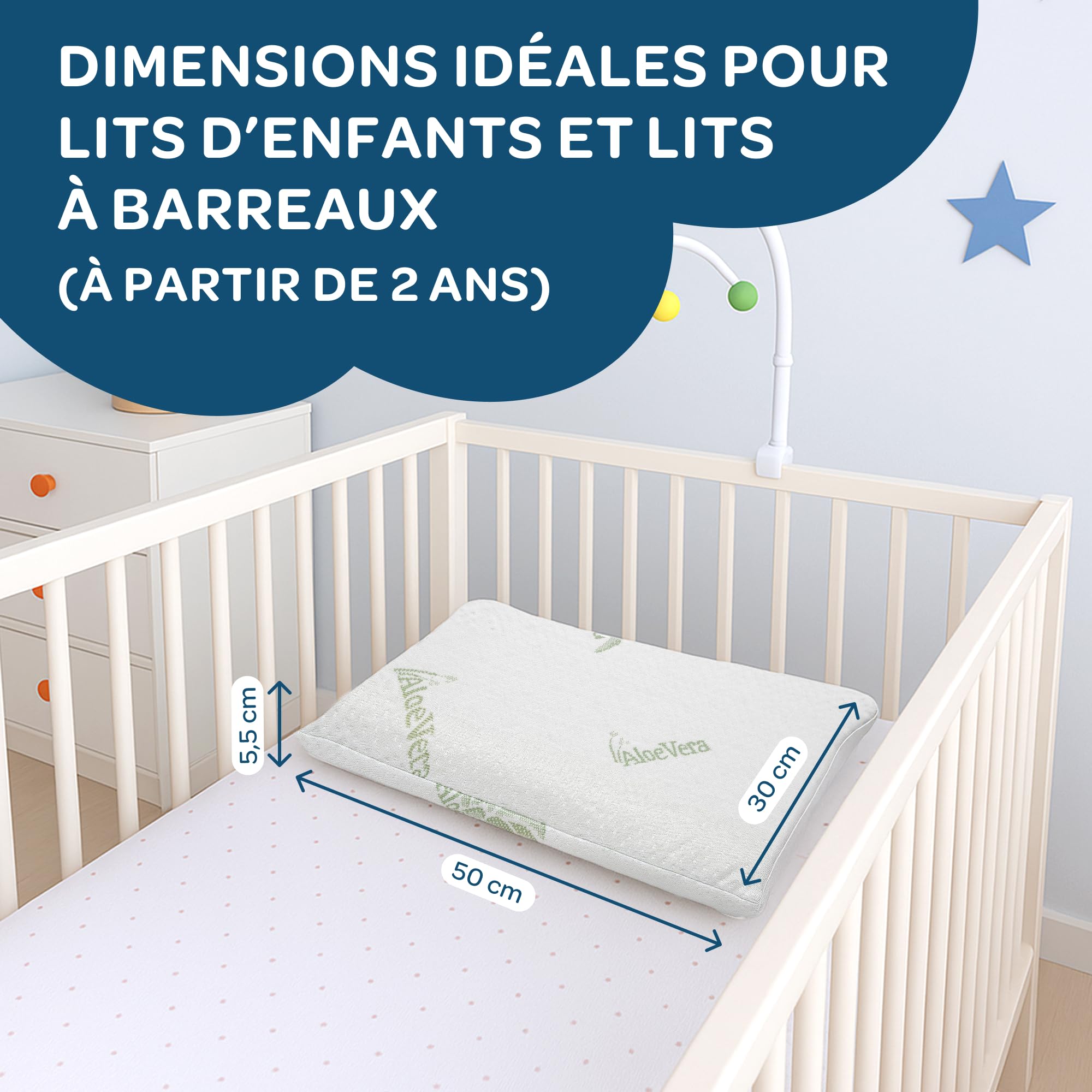 DOLCI SOGNI Oreiller Enfant Mémoire de Forme Oeko-TEX® 30x50 cm, Épaisseur 5,5 cm, pour 2-3 Ans, Coussin Bébé Lit, Petit Oreiller Maternelle