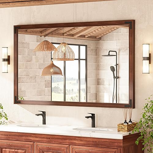 TETOTE Espejo con marco de madera de 60 x 36 pulgadas para pared de baño, marco de madera, espejo de tocador, decoración rústica bohemia para montar