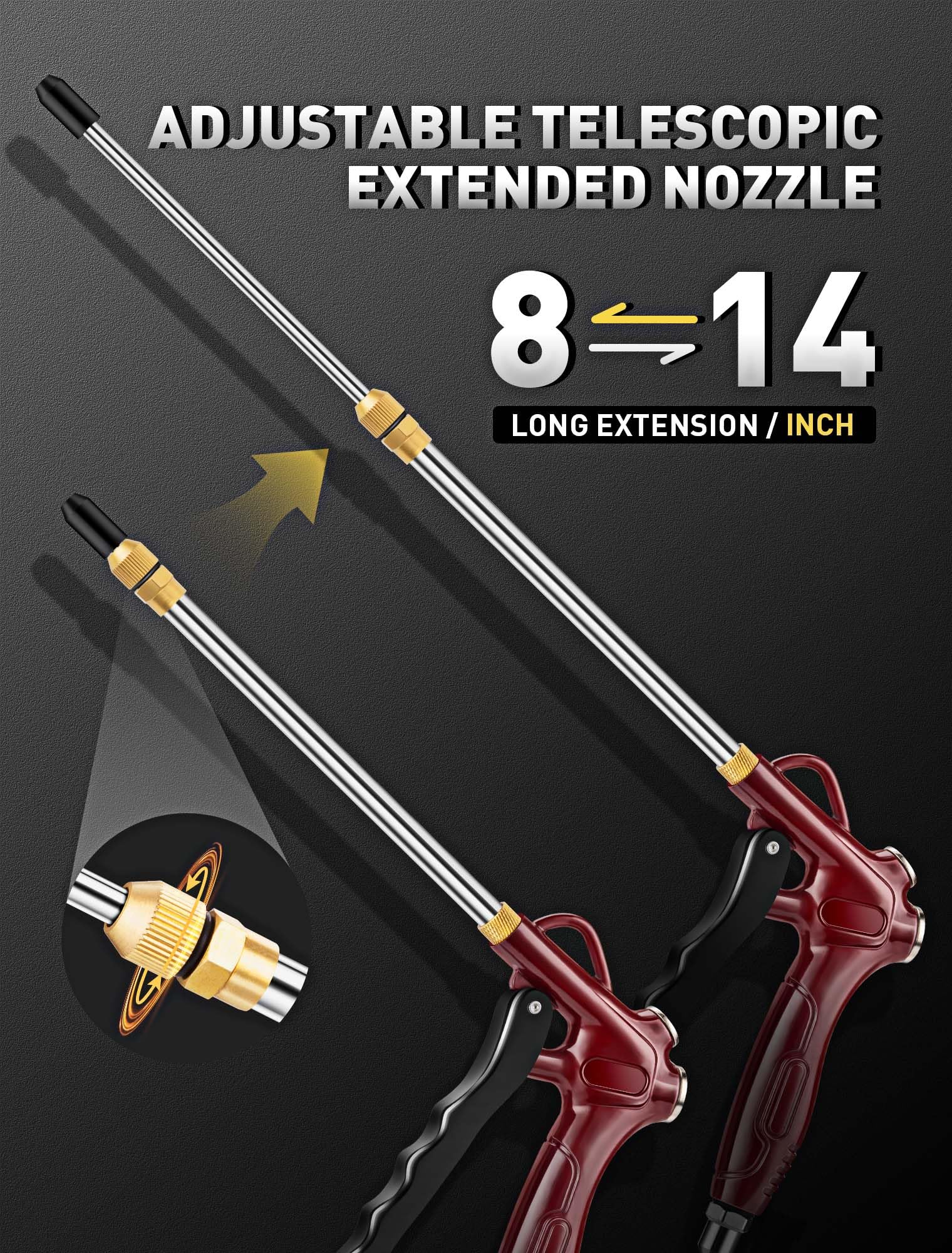 Pistola de aire de alto flujo con extensión ajustable de 8 a 14 pulgadas, pistola sopladora de boquilla de aire roja mejorada con potente boquilla Venturi y enchufe rápido estándar de 1/4 pulgadas