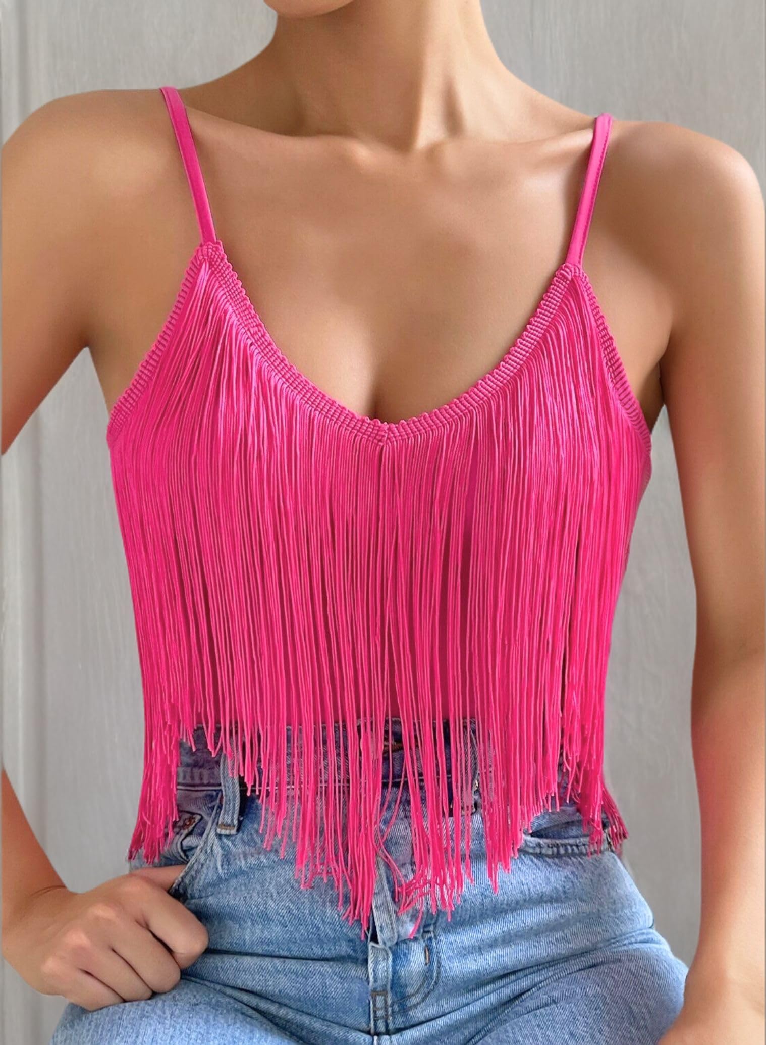 Damen Tank Top Mit Fransen – Sexy Rave Cowgirl Outfit Festival Oberteile | Ärmellose, V Ausschnitt, Verstellbare Spaghetti, Elegant Boho Country Kleidung, Sommer Klamotten Shirt, Western Hemd Damen