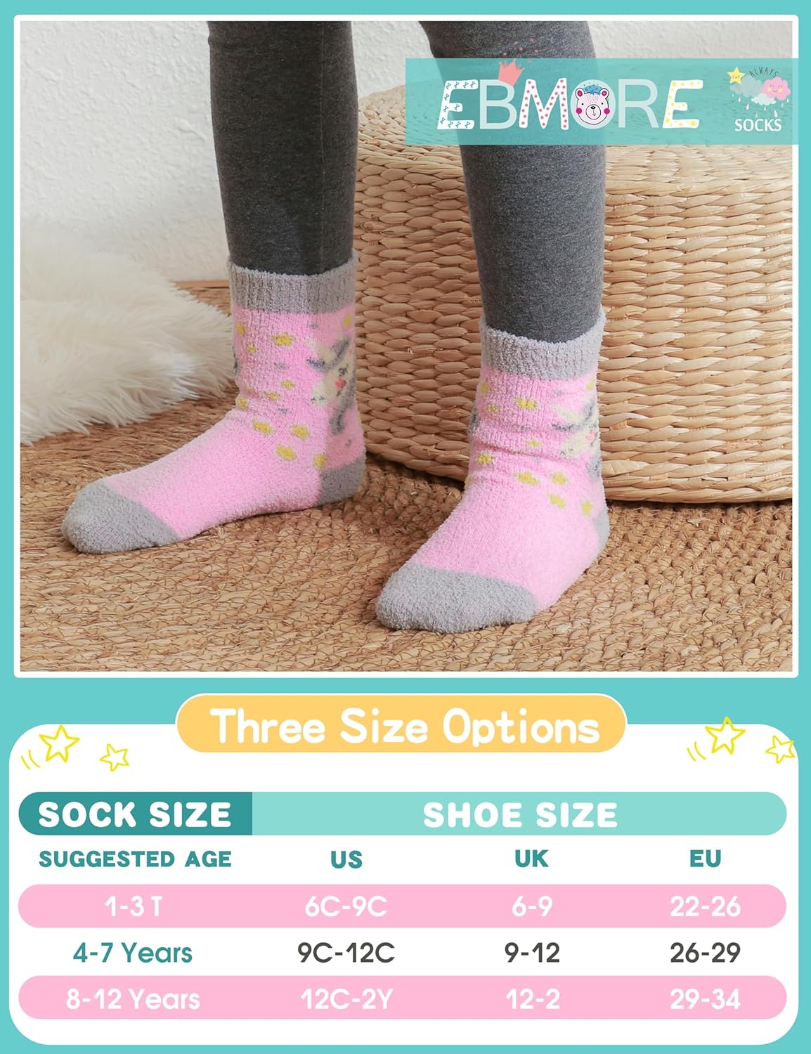 EBMORE Girls Kids Toddler Fuzzy Socks with Grips Non Slip Slipper Socks Crew Cabin Cozy Fluffy Warm Winter Socks 6 Pairs - Image 3