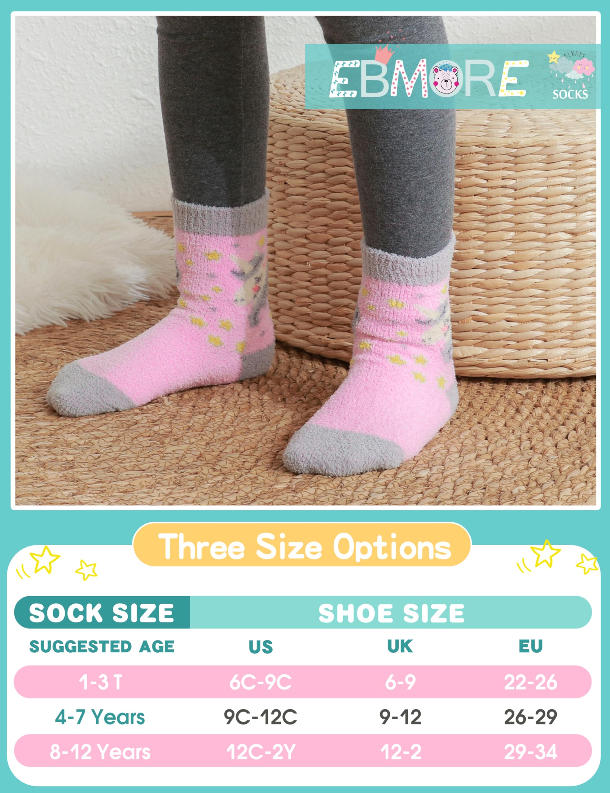 EBMORE Calcetines Antideslizantes para Niños, de Felpa para Niñas, Gruesos Cálidos, de Invierno Antideslizantes, de Cama Suaves, Regalos, de Casa, 6 Pares