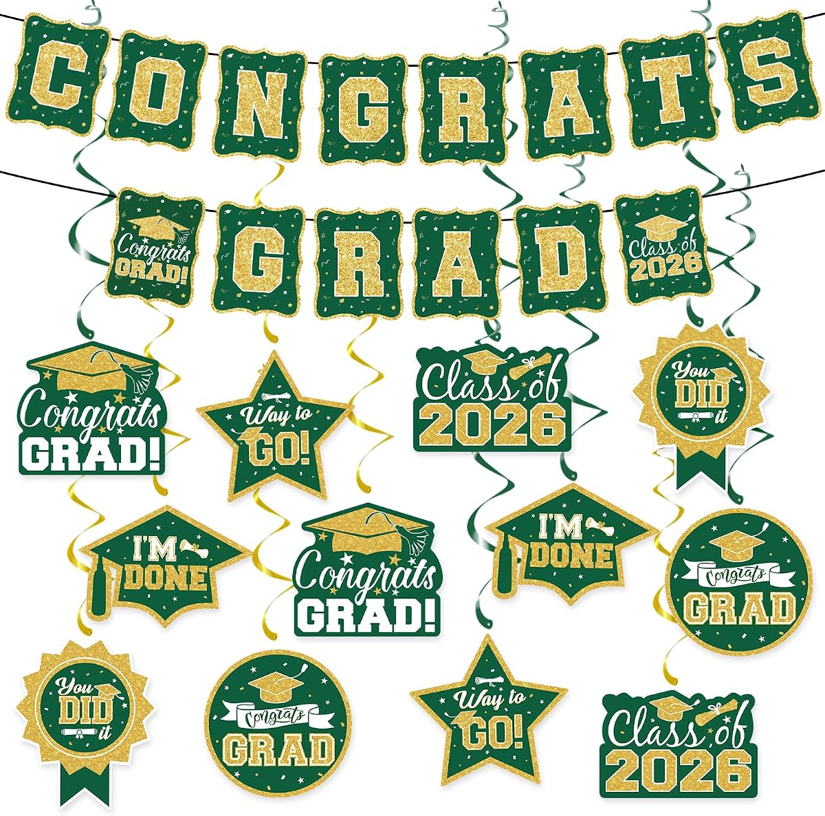 2026 Graduation Decorations Set - Graduation Party Congrats Grad Banner Class of 2026 Hanging Swirls Streamers Ceiling Decor for College High School Classroom Grad Party Supplies (Green Gold)