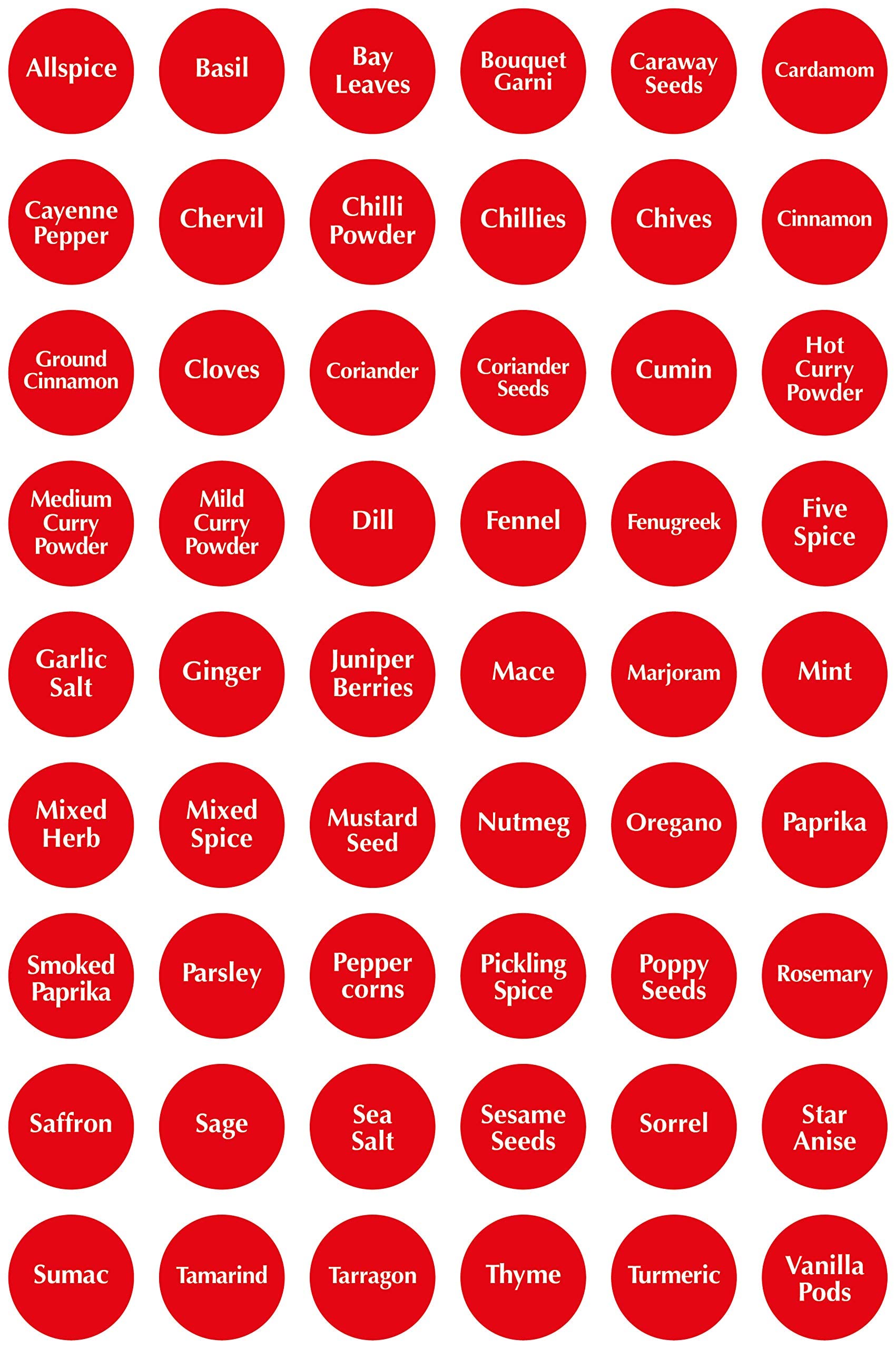 Pack of 54 x Spice/Herb Storage Jar Kitchen Home Cooking Labels Stickers Decals - 30mm (Red with White Text)