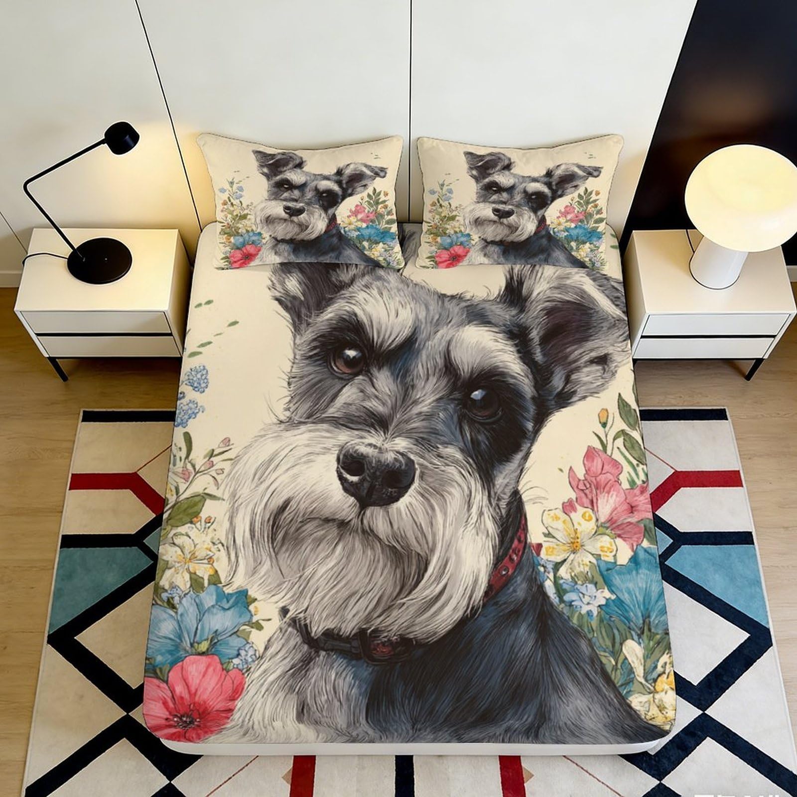 3D Printed Schnauzer Dog Fitted Sheet Microfiber Floral Bed Cover for Bedroom Guest Room Mattress Protection Decor 90x200x25cm