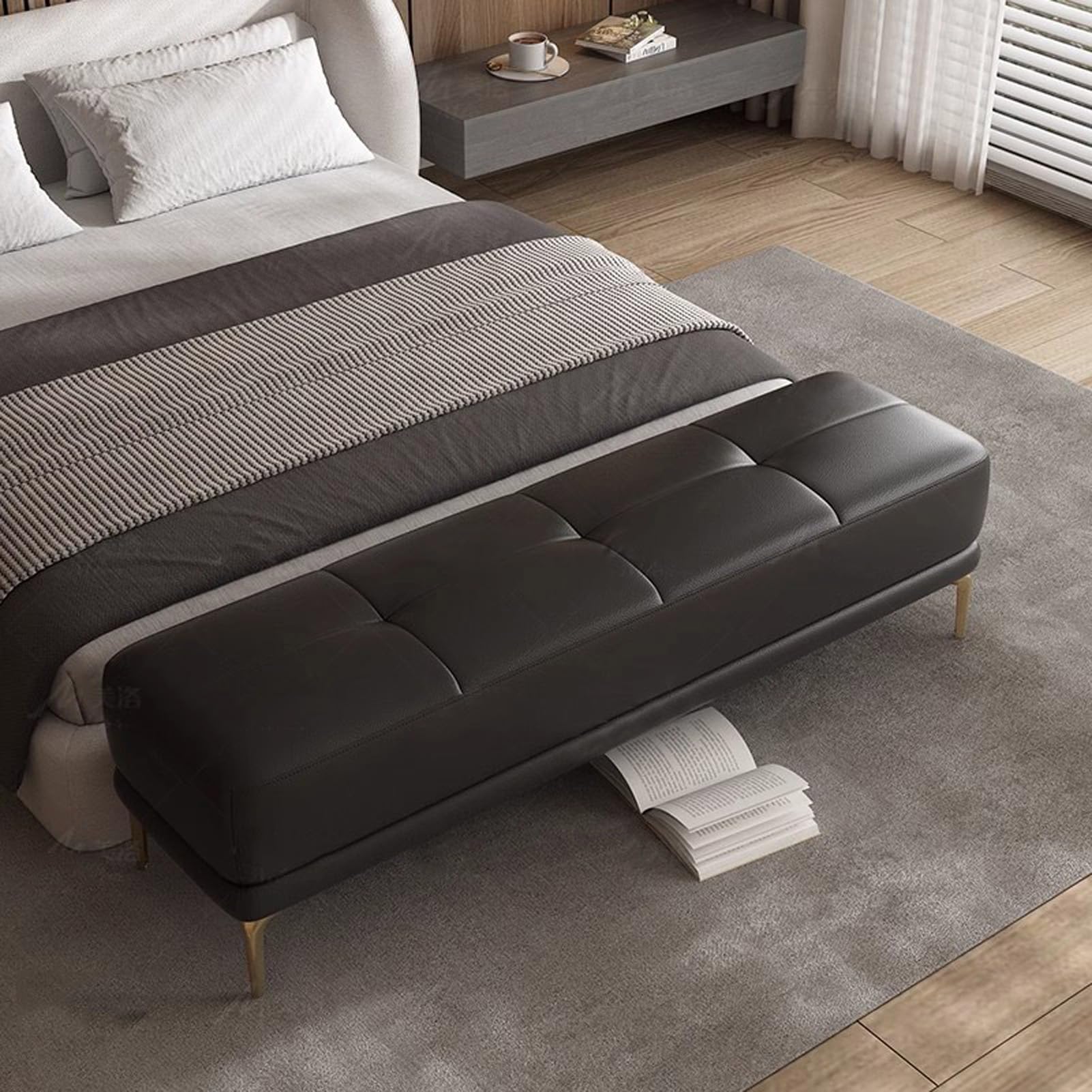 Banc ottoman en cuir élégant avec pieds en acier chic