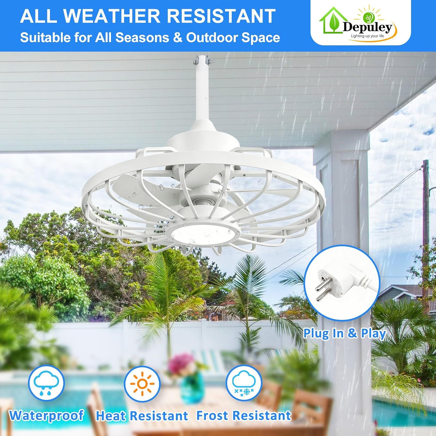 Outdoor Ceiling Fans with Lights: 20" Waterproof Plug-in Ceiling Fan with Remote App Control - Gazebo Caged Hanging Fan for Patios Porch Pergola 6 Speeds Reversible - White