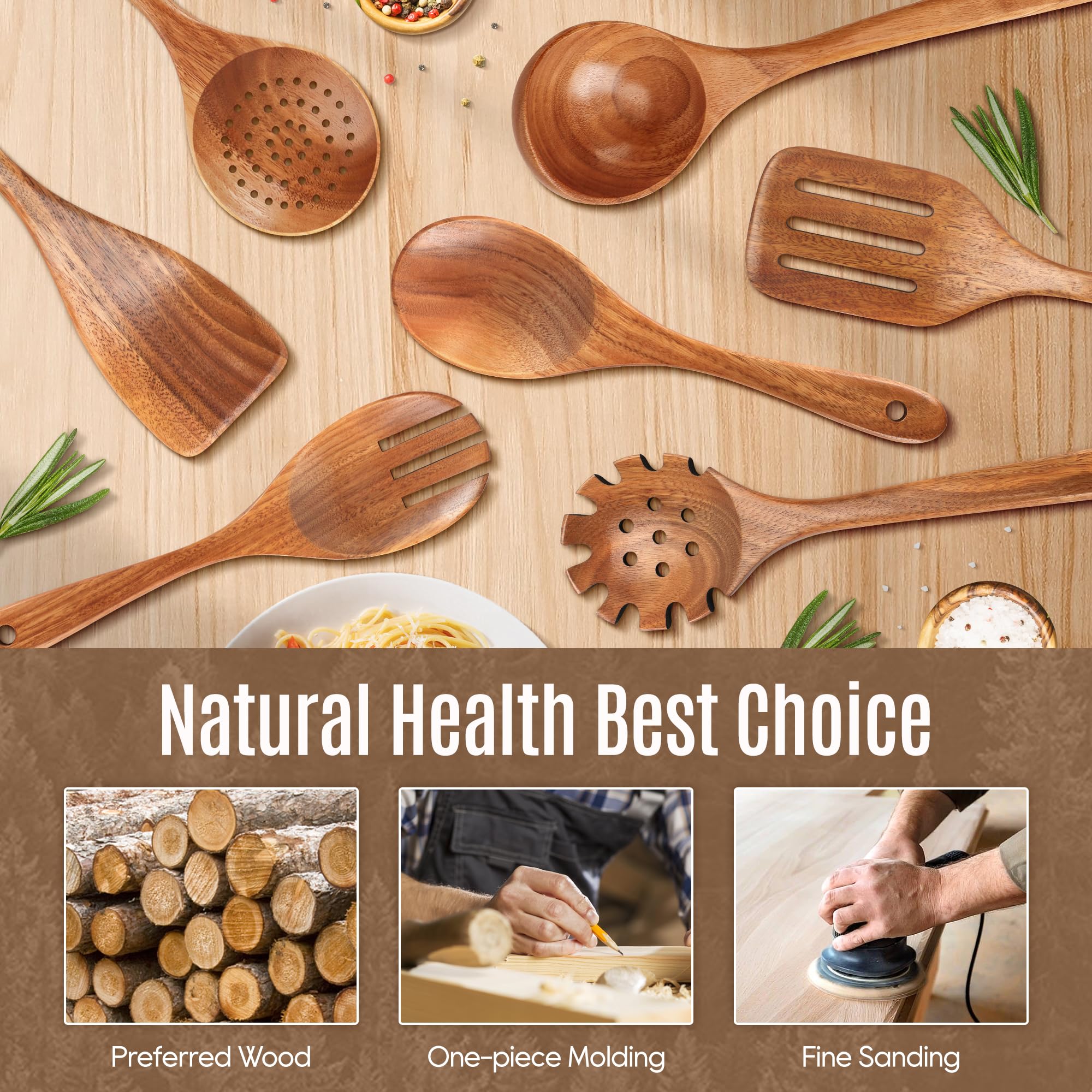 Juego de 7 cucharas de madera para cocinar, utensilios de cocina de teca natural, superficie lisa antiadherente, utensilios de madera de agarre suave y cómodo para cocinar