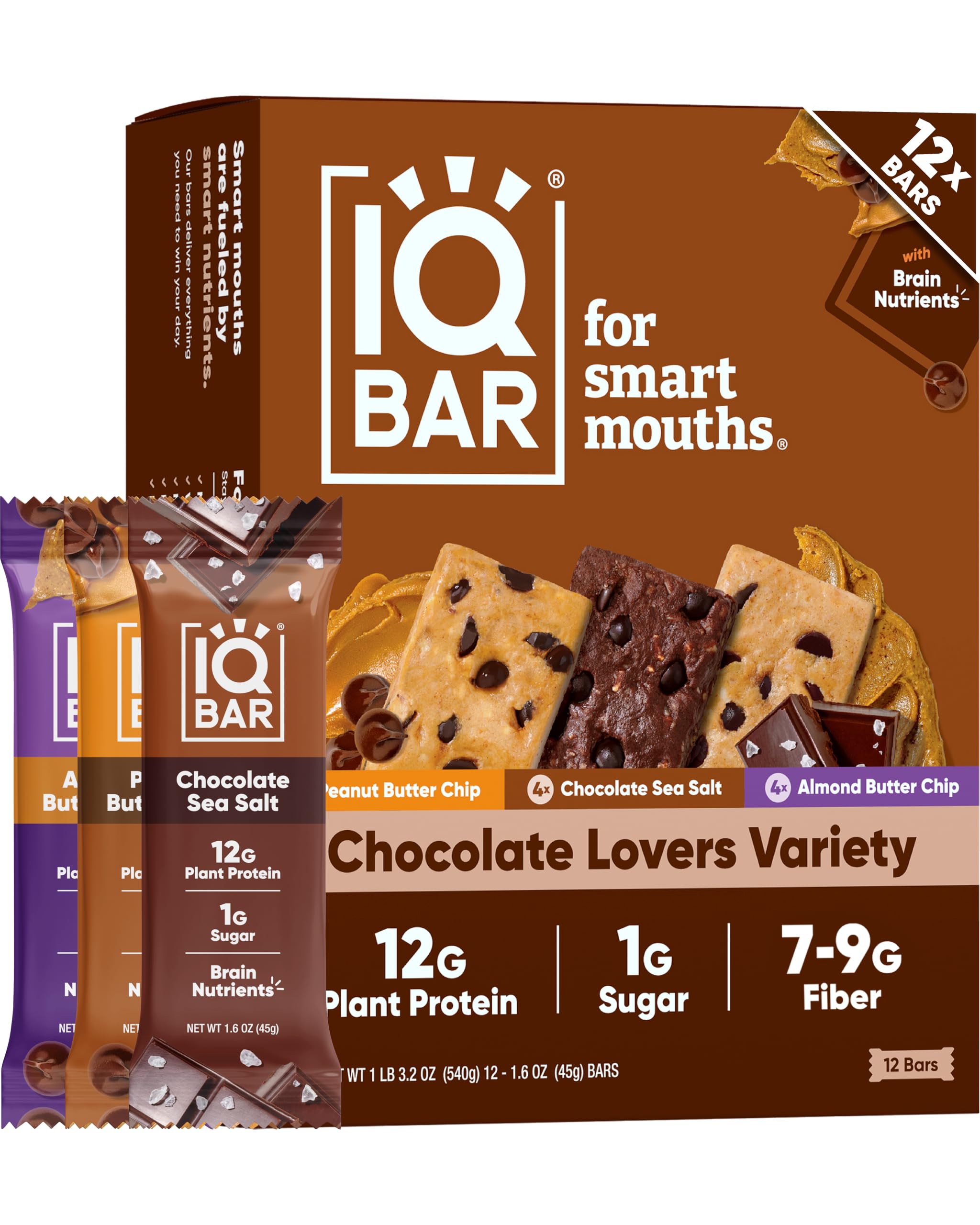 IQBAR Plant Protein Bars - Chocolate Lovers Variety - Keto, Vegan, Low Carb, High Fiber, Gluten/Dairy Free, Low Sugar Snack with Nutrients for Focus, Energy, Meal Replacement 12-Count