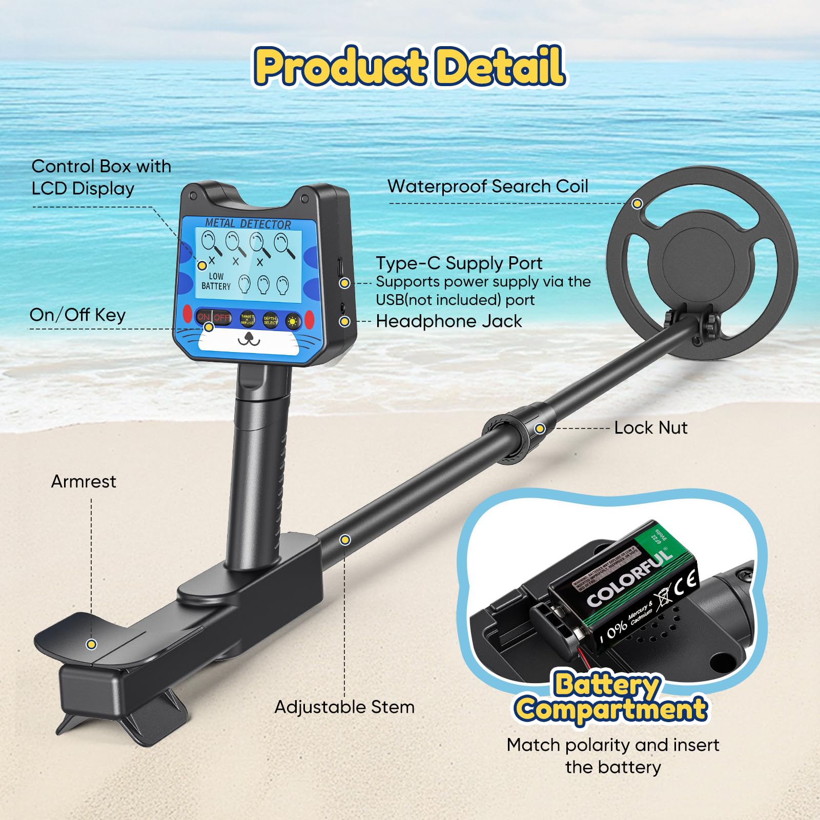 Metal Detector Bambini, Metal Detector per Bambino con Asta Regolabile, 2 Modalità Display LCD, Bobina di Ricerca Impermeabile, Ad Alta Sensibilità Metal Detector per Bambini con Borsa Pala Rastrello