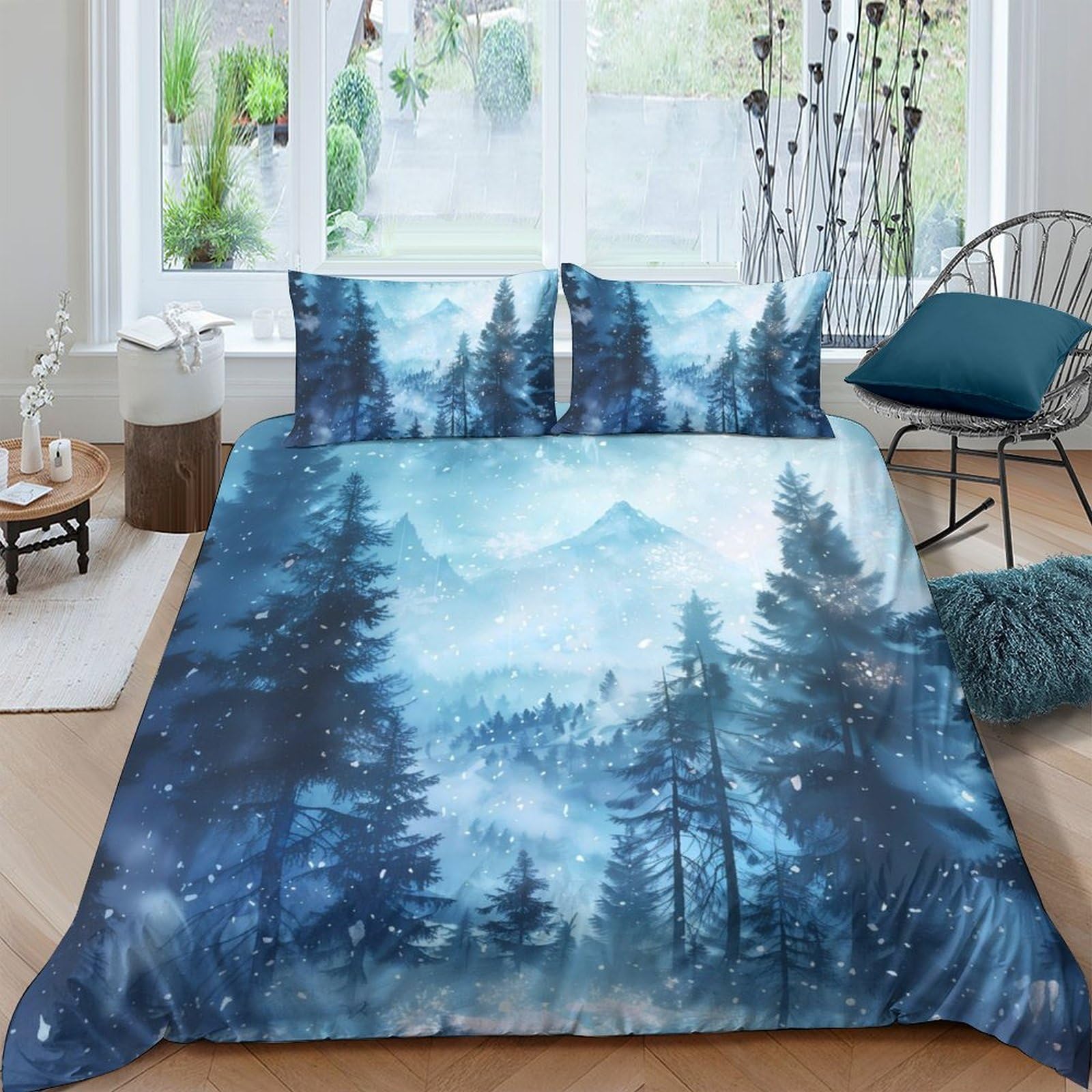 Ctjqhvkz Style-8 3D Printed Forest Landscape Fitted Sheet Microfiber Blue Nature Mountain Bed Cover For Bedroom Guest Room Decor Single（135X200cm）