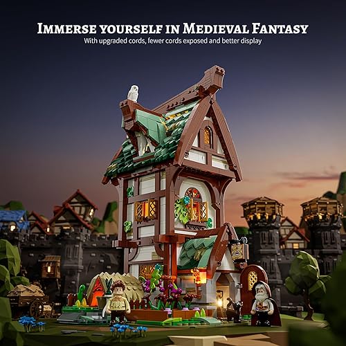 Miniatura 2 de FUNWHOLE Medieval Apothecary Shop - Juego de ladrillos de construcción de iluminación  Compatible con Legos Serie Medieval Coleccionable, casa de