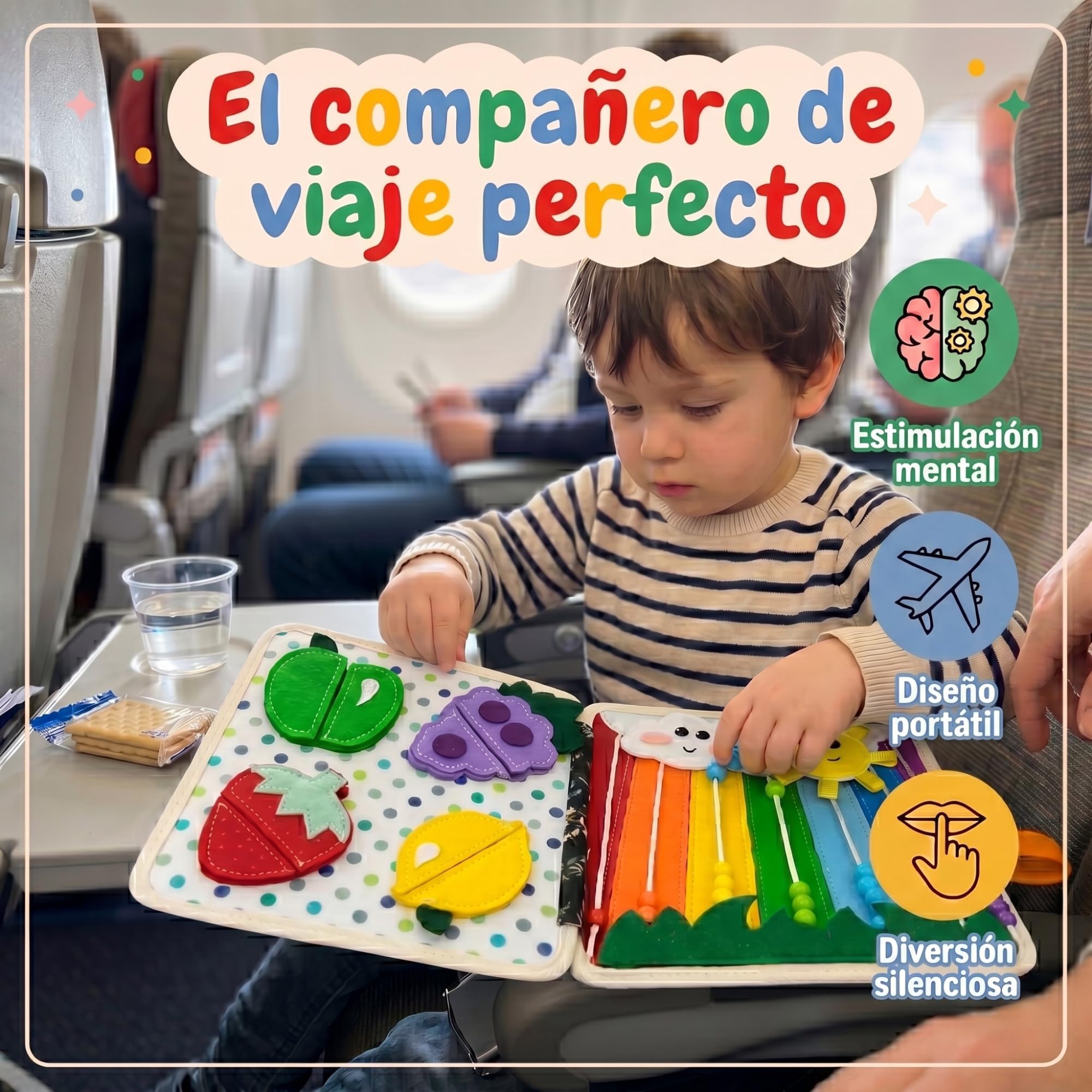 LUMS Libro Montessori 1 Año - Juguetes Montessori Bebé 2 3 4 5 Años, Busy Board y Tablero Sensorial de Fieltro, Busy Book Interactivos de Actividades, Juego de Viaje para Coche con 6 Marionetas
