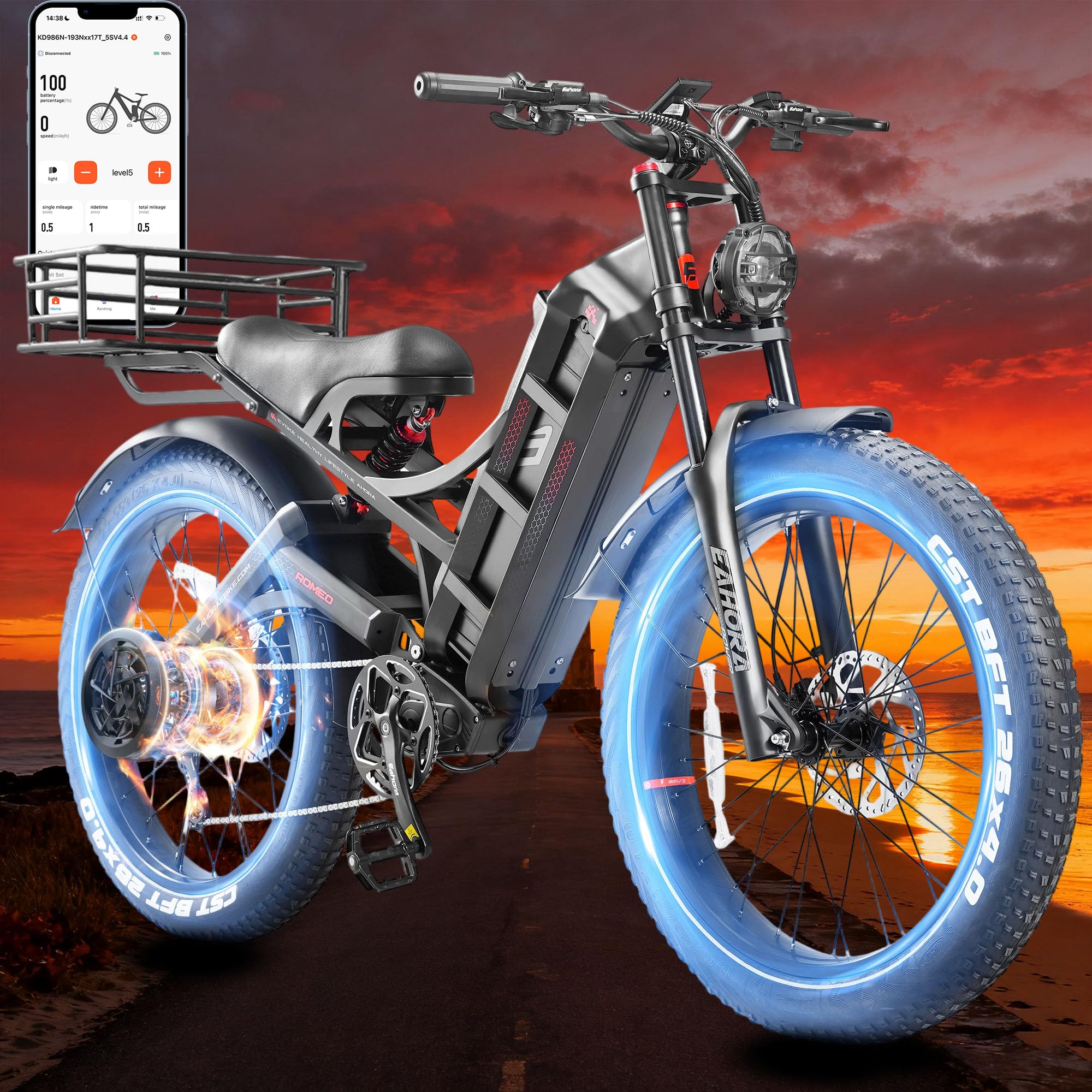 Eahora Romeo Pro 2/3 Ebike 1600W/4000W/5600W Electric Bike for Adults 34/46/50MPH 200 Miles Long Range Dual Motor 48/70/80AH Battey Electric Mountain Bike Dual Hydraulic Brakes Full Suspension EBike
