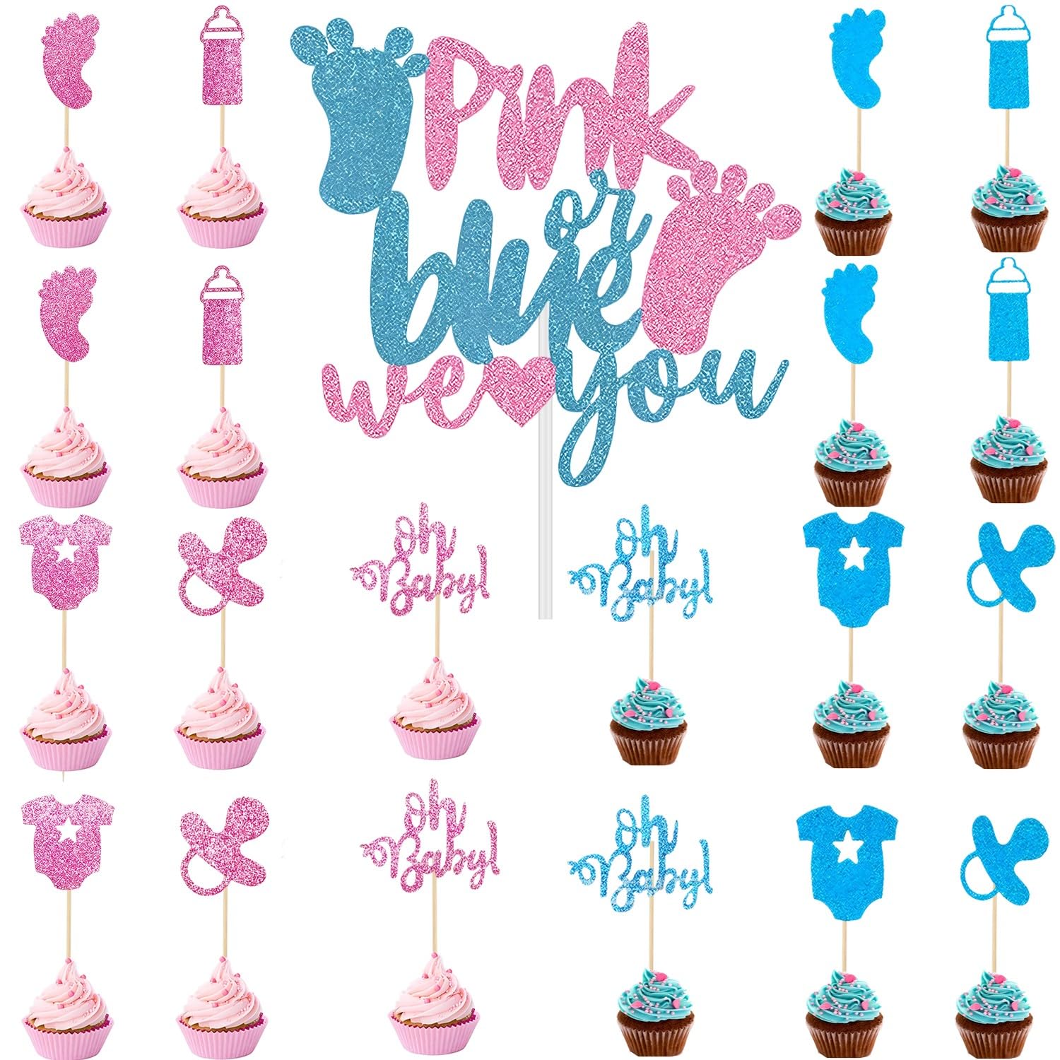 21 Pack Gender Reveal Cake Toppers, Glitter Blue or Pink We Love You Cake Topper